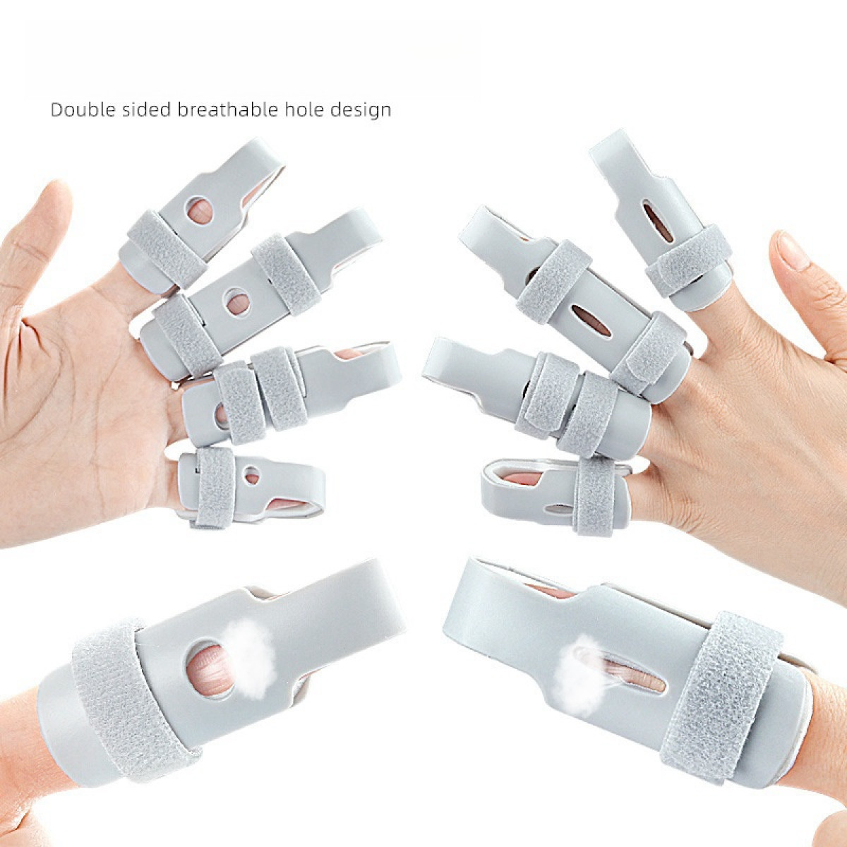 Szare ortezy palców z paskami na rzepy na białym tle.