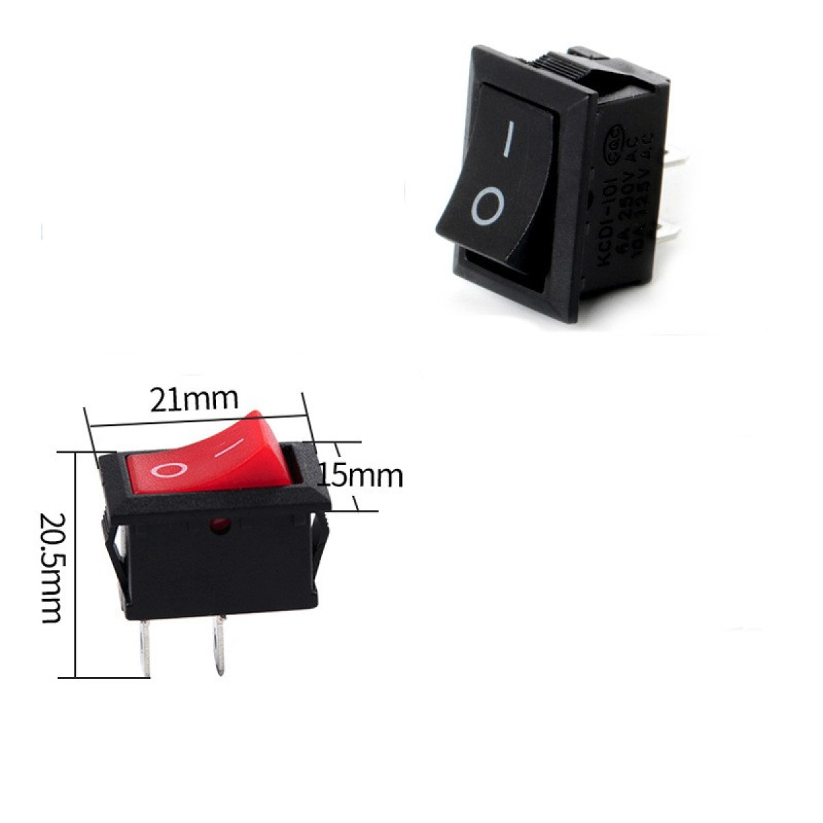 Dwa przełączniki kołyskowe, jeden czarny, jeden czerwony, pokazane z wymiarami. Białe tło.