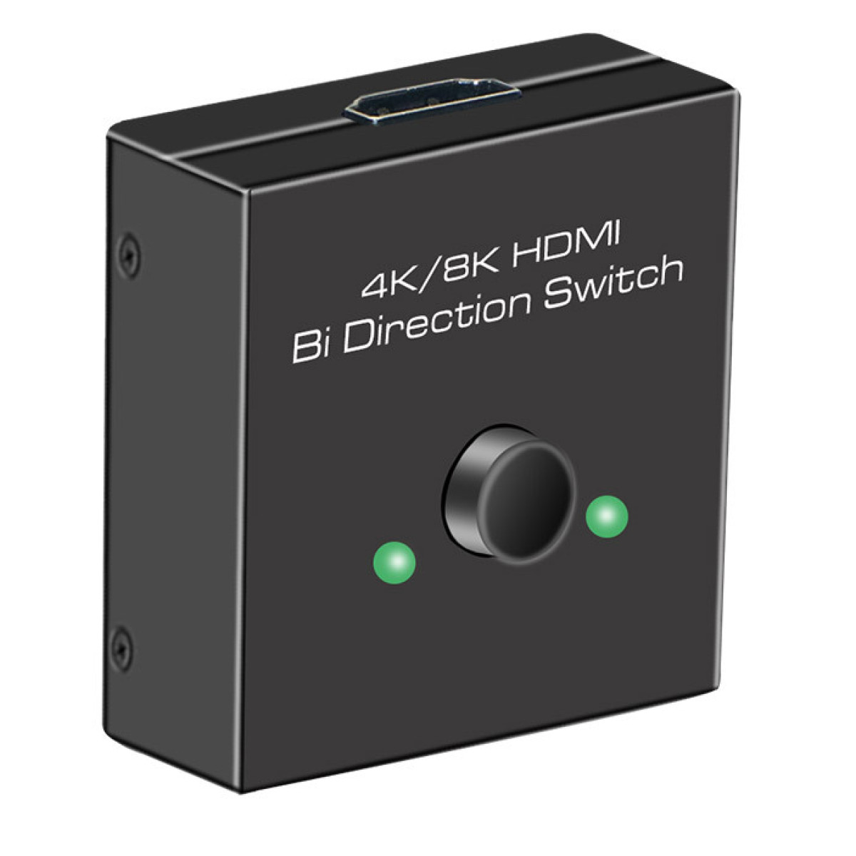 Switch HDMI bidirezionale nero 4K/8K con pulsante e due spie verdi.