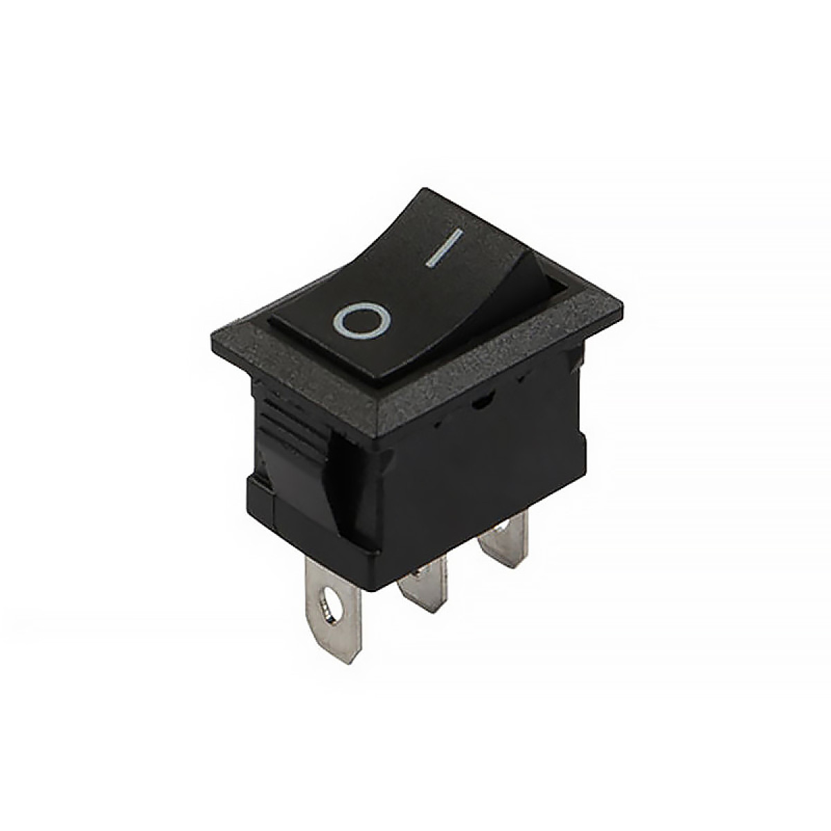 Czarny przełącznik kołyskowy z oznaczeniami I/O, na białym tle.