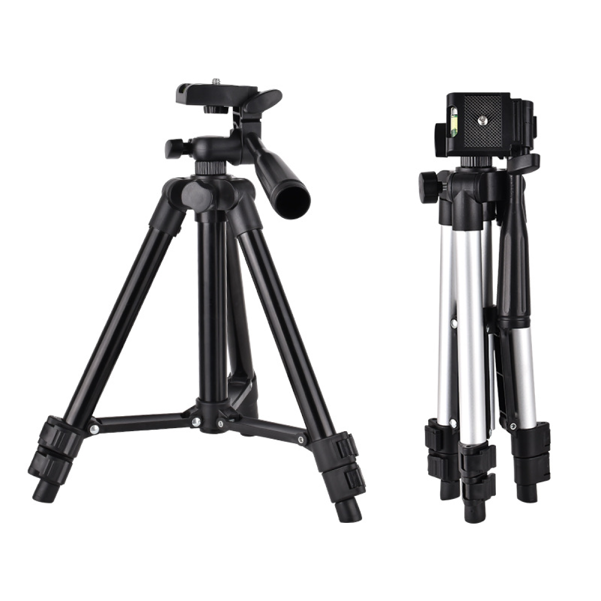 Pokazano dwa statywy. Jeden jest czarny, drugi srebrno-czarny. Oba na białym tle.