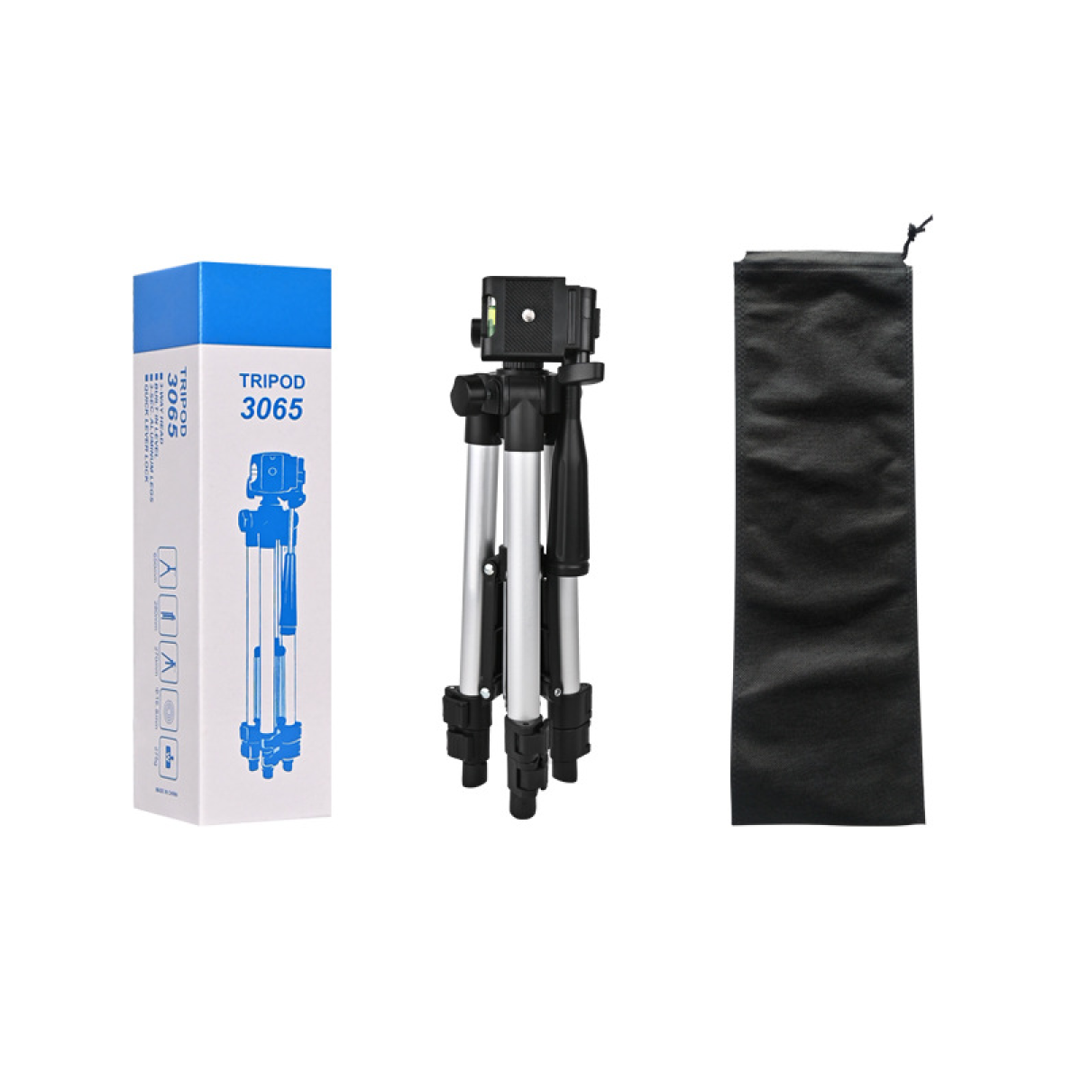 Stojak, jego pudełko i czarna torba są wyświetlane na białym tle.