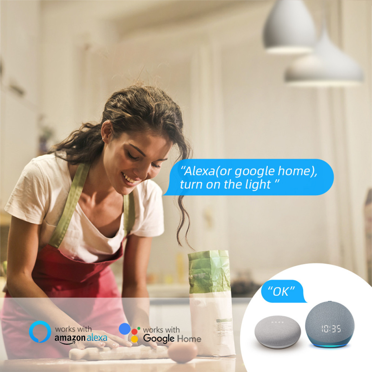 Kobieta w kuchni z asystentami głosowymi i dymkami pokazującymi sterowanie oświetleniem.