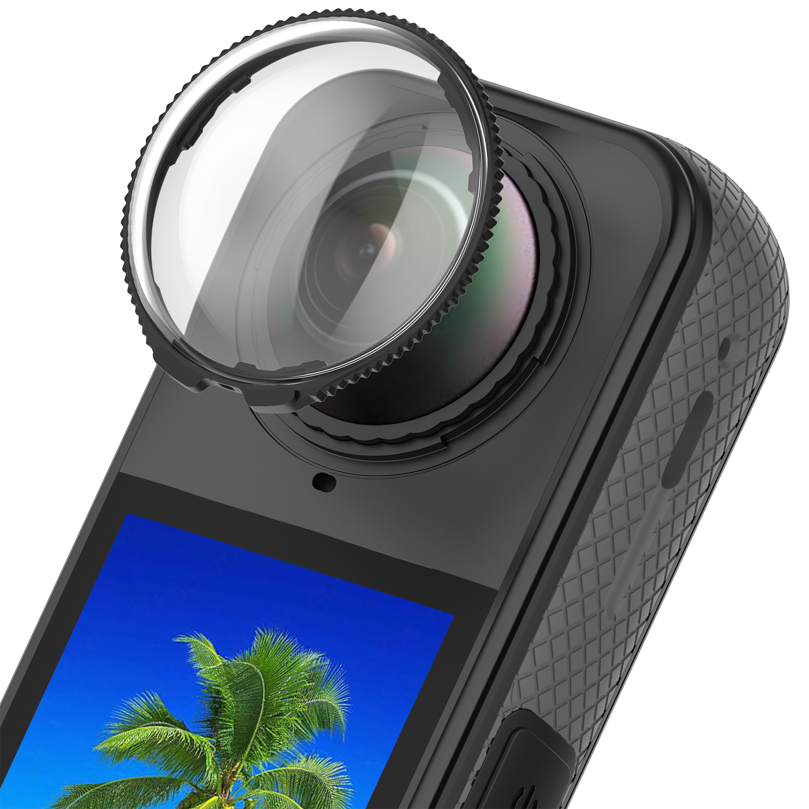 Czarna kamera sportowa z osłoną obiektywu, ekran pokazuje palmę i błękitne niebo.