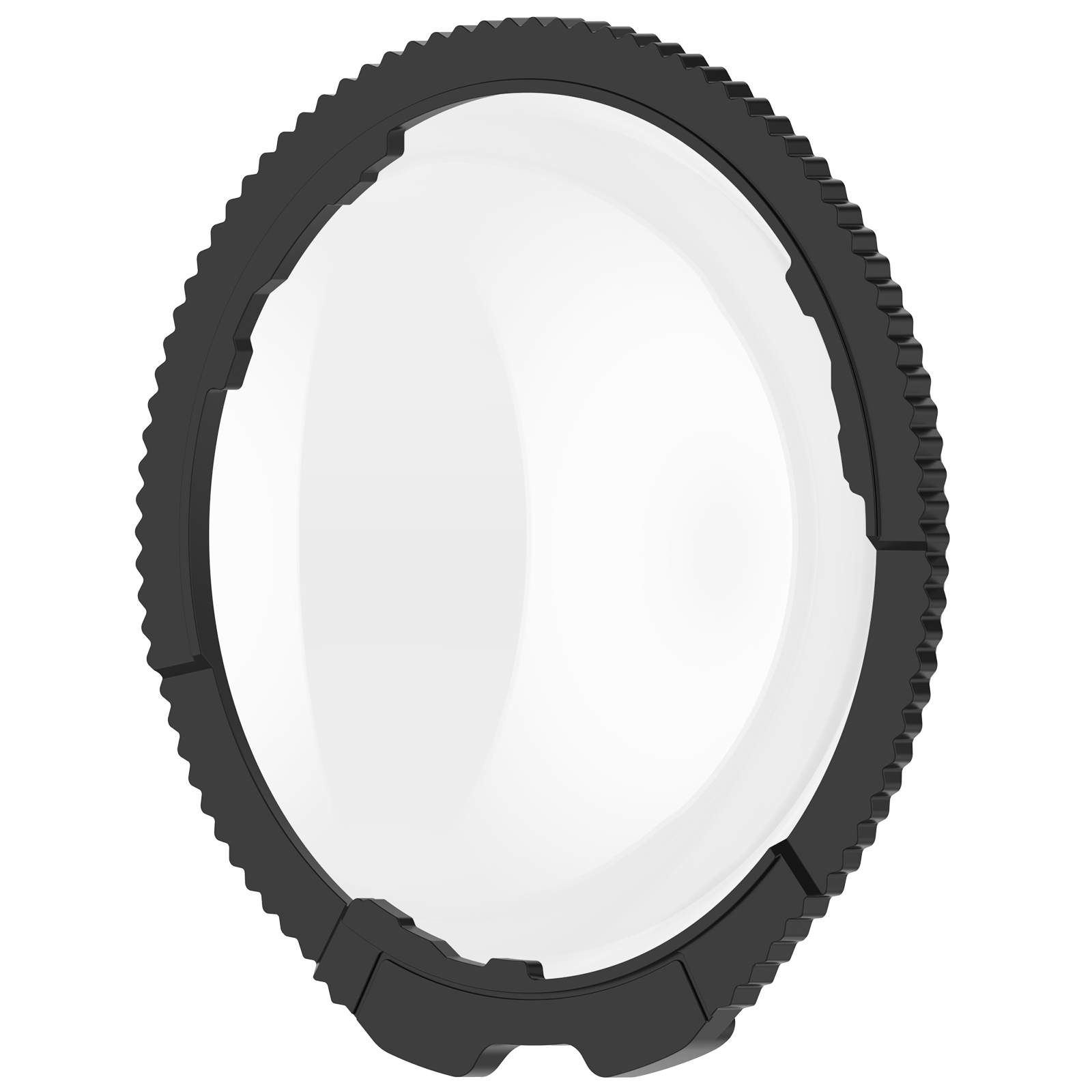 Czarny, ząbkowany pierścień otacza przezroczystą tarczę.