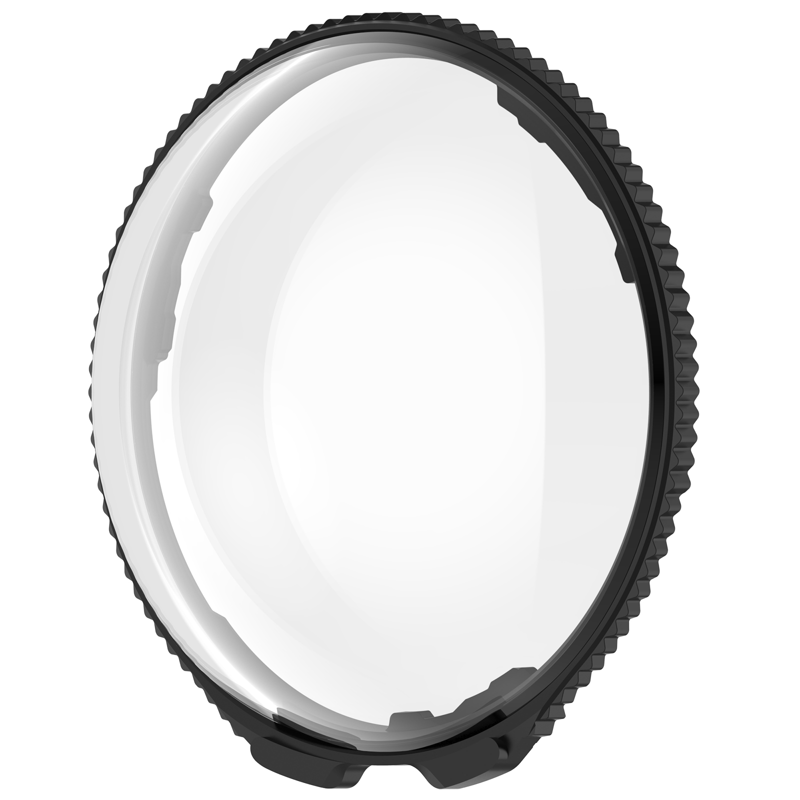 Okrągły, przezroczysty ochraniacz obiektywu z czarną, ząbkowaną ramką na białym tle.