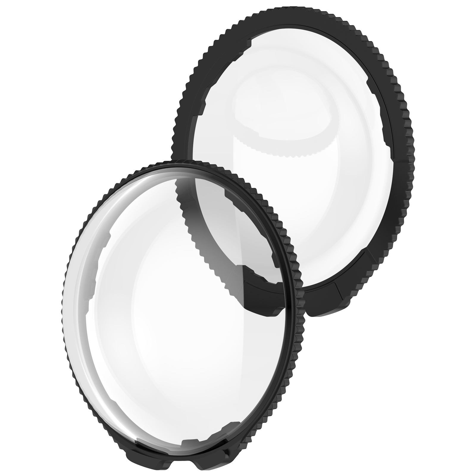 Dwie przezroczyste kopuły ochronne z czarnymi, ząbkowanymi krawędziami na białym tle.