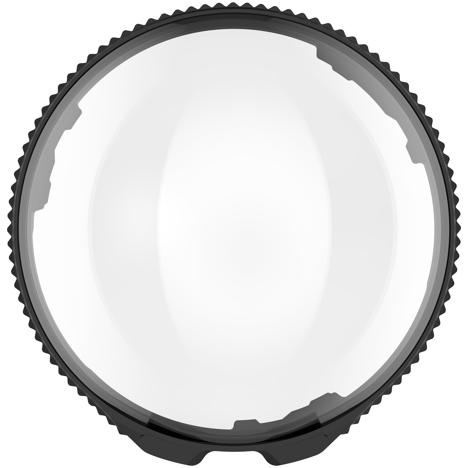 Okrągła, przezroczysta soczewka z teksturowaną czarną ramką, na białym tle.