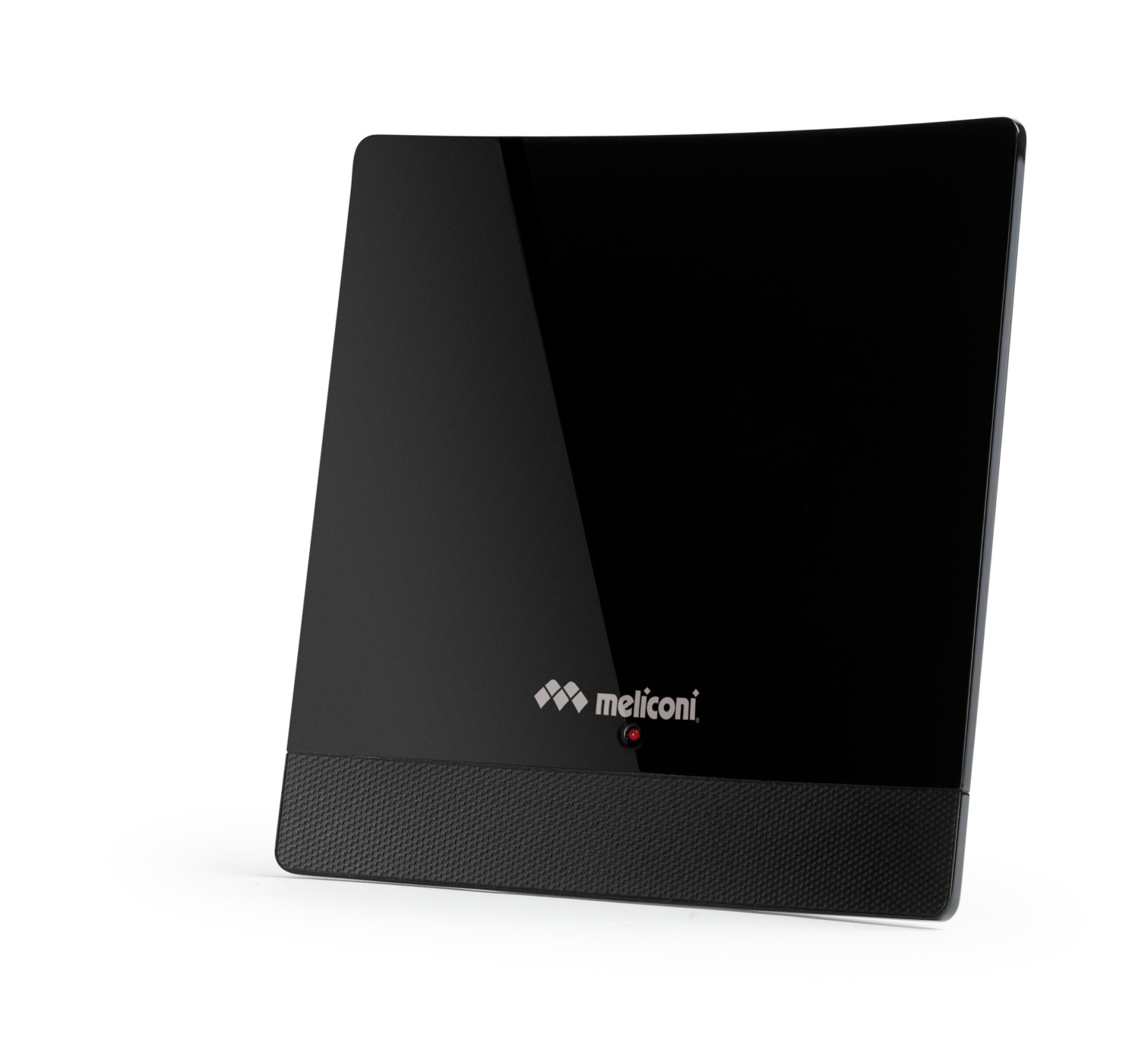 Un elegante dispositivo digital negro con base texturizada y luz indicadora roja.