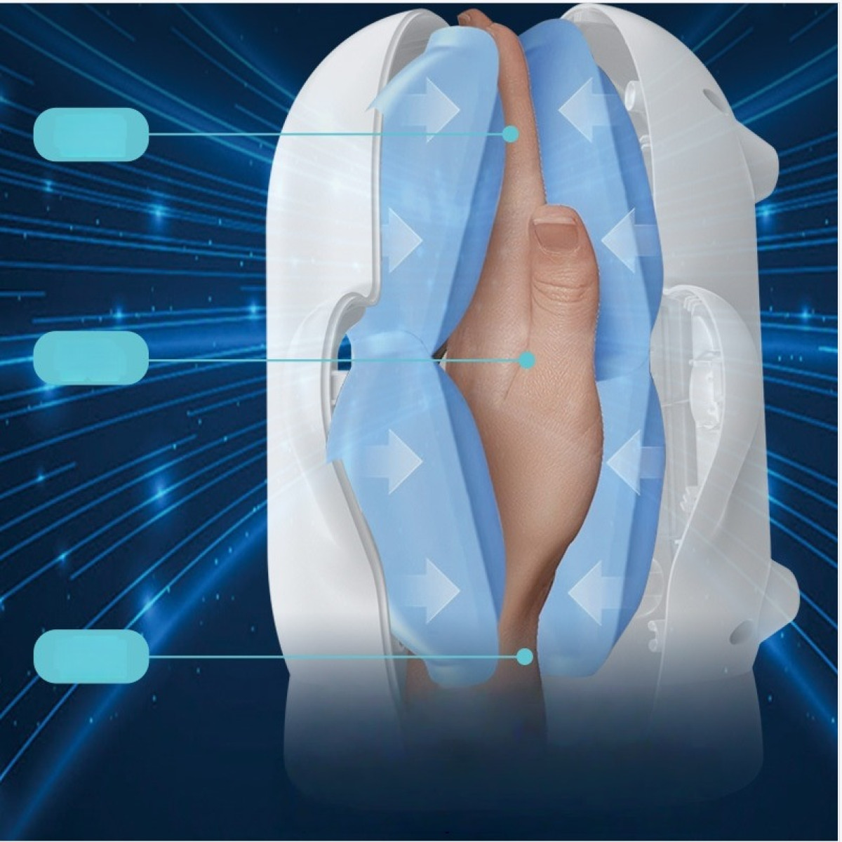Dłoń włożona do białego urządzenia z niebieskimi modułami masującymi w kształcie strzałek.