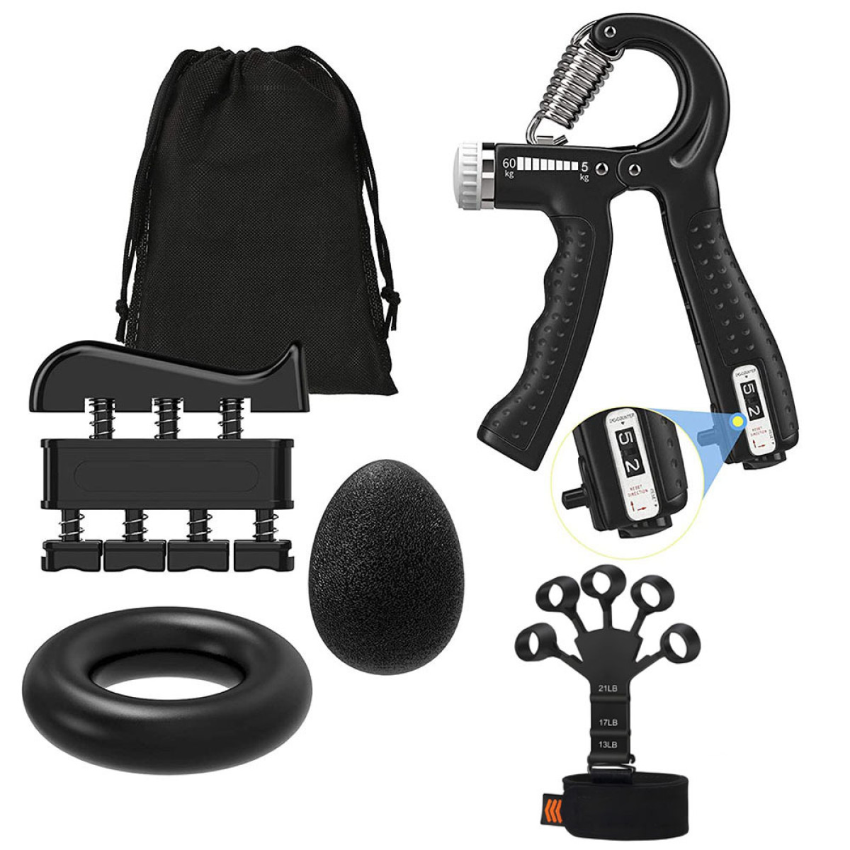 Czarne wzmacniacze chwytu: regulowany uchwyt, ćwiczący palce, piłka antystresowa, pierścień i torba.