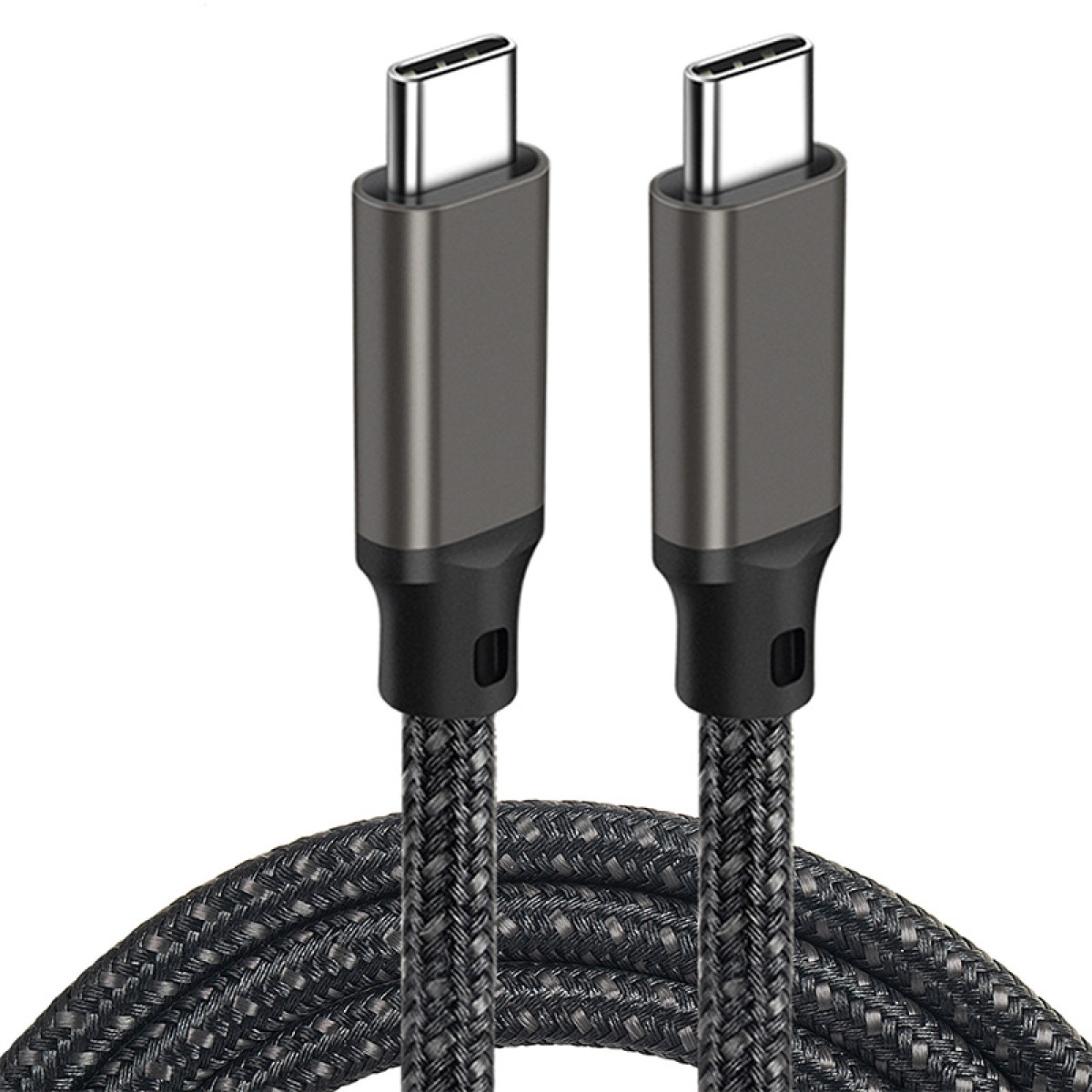 Zwei USB-C-Kabel mit geflochtenen schwarzen und grauen Kabeln und metallgrauen Steckern.