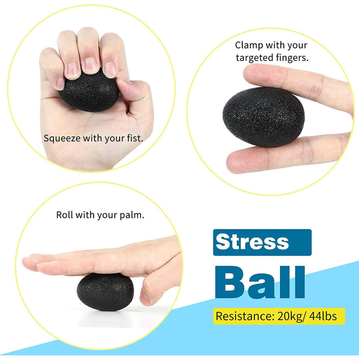 Czarna piłka antystresowa pokazana w ćwiczeniach dłoni: ściskanie, zaciskanie, rolowanie.