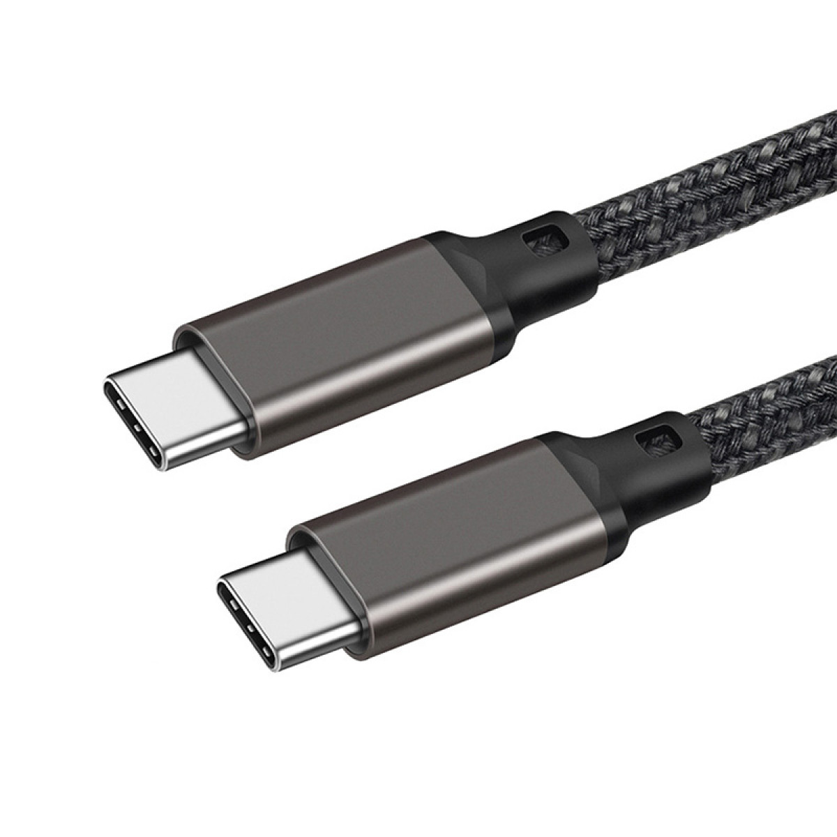 Nahaufnahme von zwei USB-C-Kabeln mit metallisch grauen Steckern und geflochtenen schwarzen Kabeln.