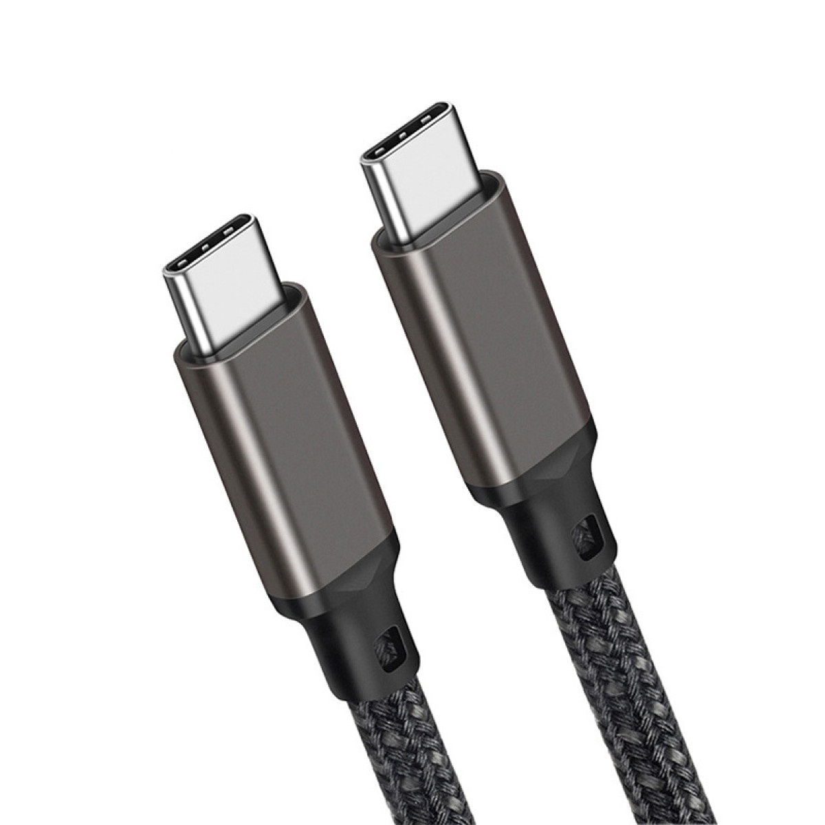 Zwei USB-C-Kabel mit geflochtenen Schnüren und metallisch grauen Steckern auf weißem Hintergrund.