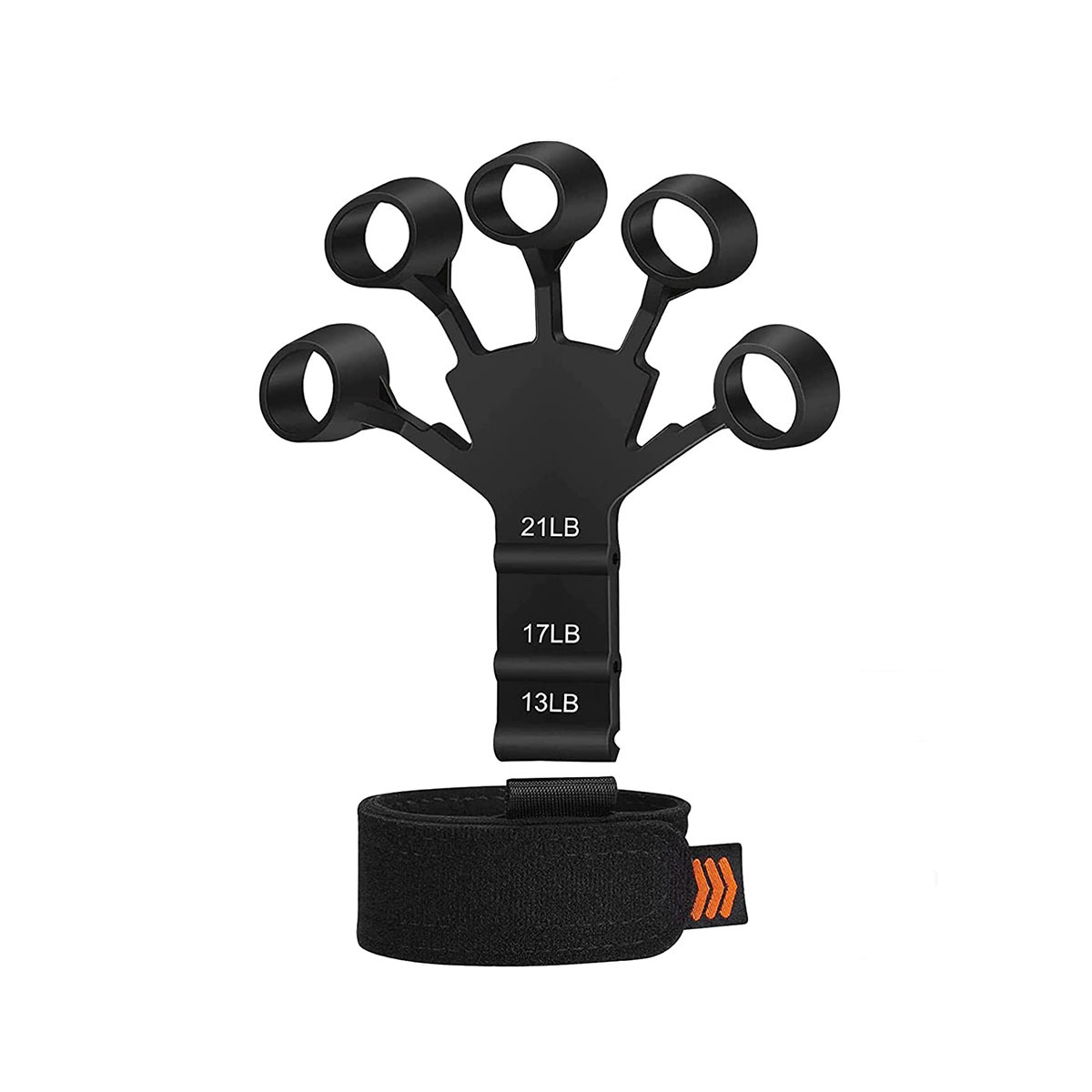 Czarny przyrząd do ćwiczenia palców z poziomami oporu 13LB, 17LB, 21LB i paskiem na nadgarstek.