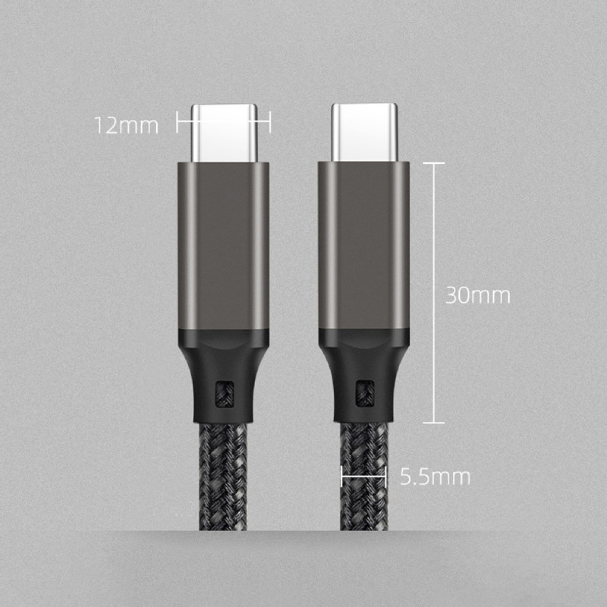 Zwei USB-C-Kabelköpfe mit Maßen: 12mm H, 30mm L, 5,5mm Kabeldurchmesser.