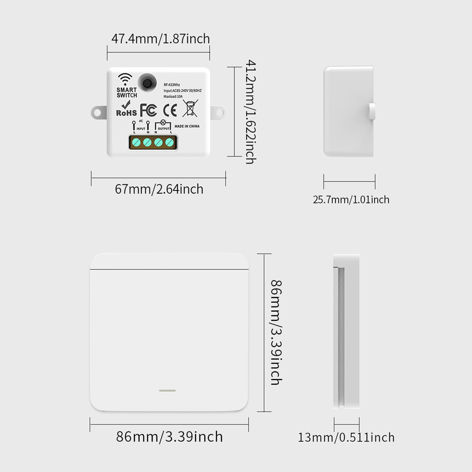 Wymiary białego inteligentnego przełącznika i jego komponentów. Zawiera widok z góry, z boku i z przodu.