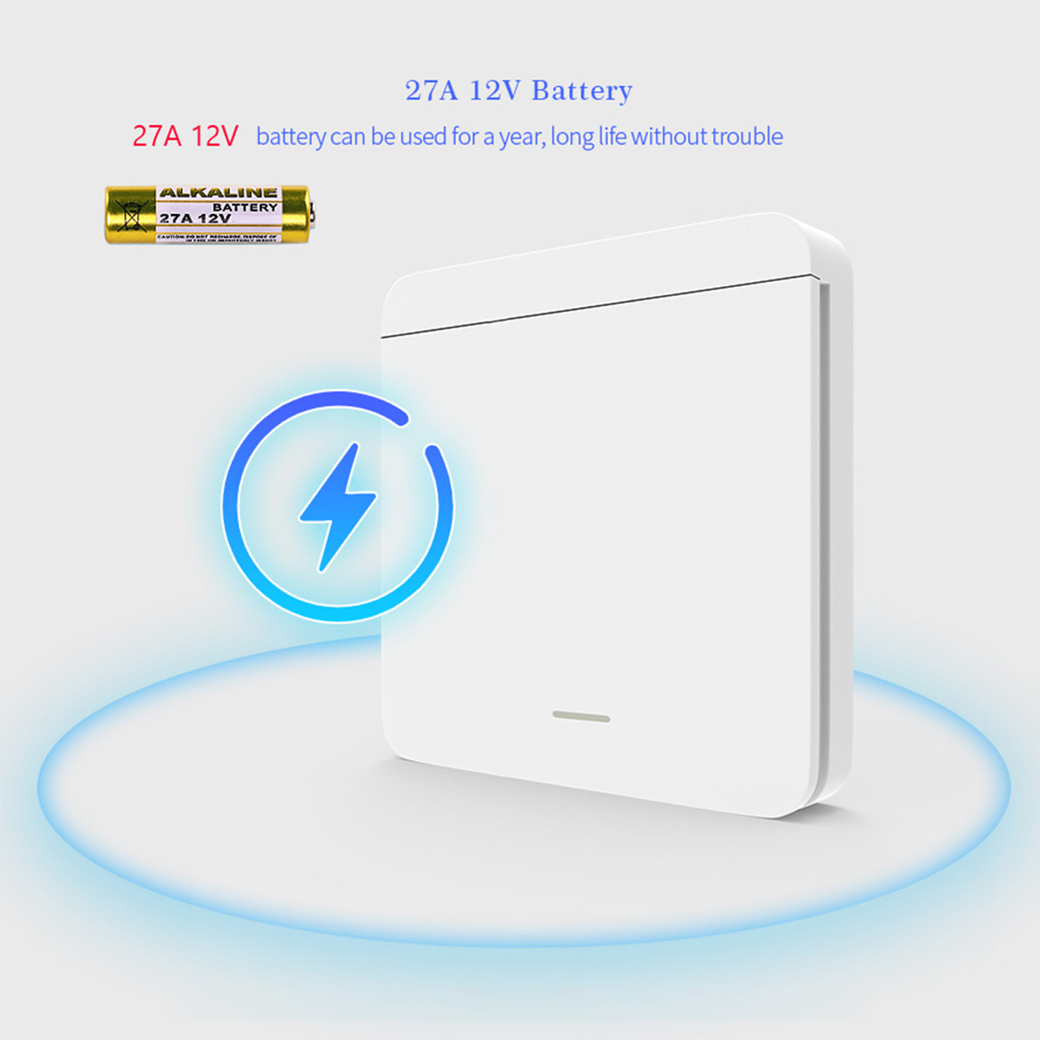 Bateria 12V 27A obok białego urządzenia z ikoną błyskawicy.