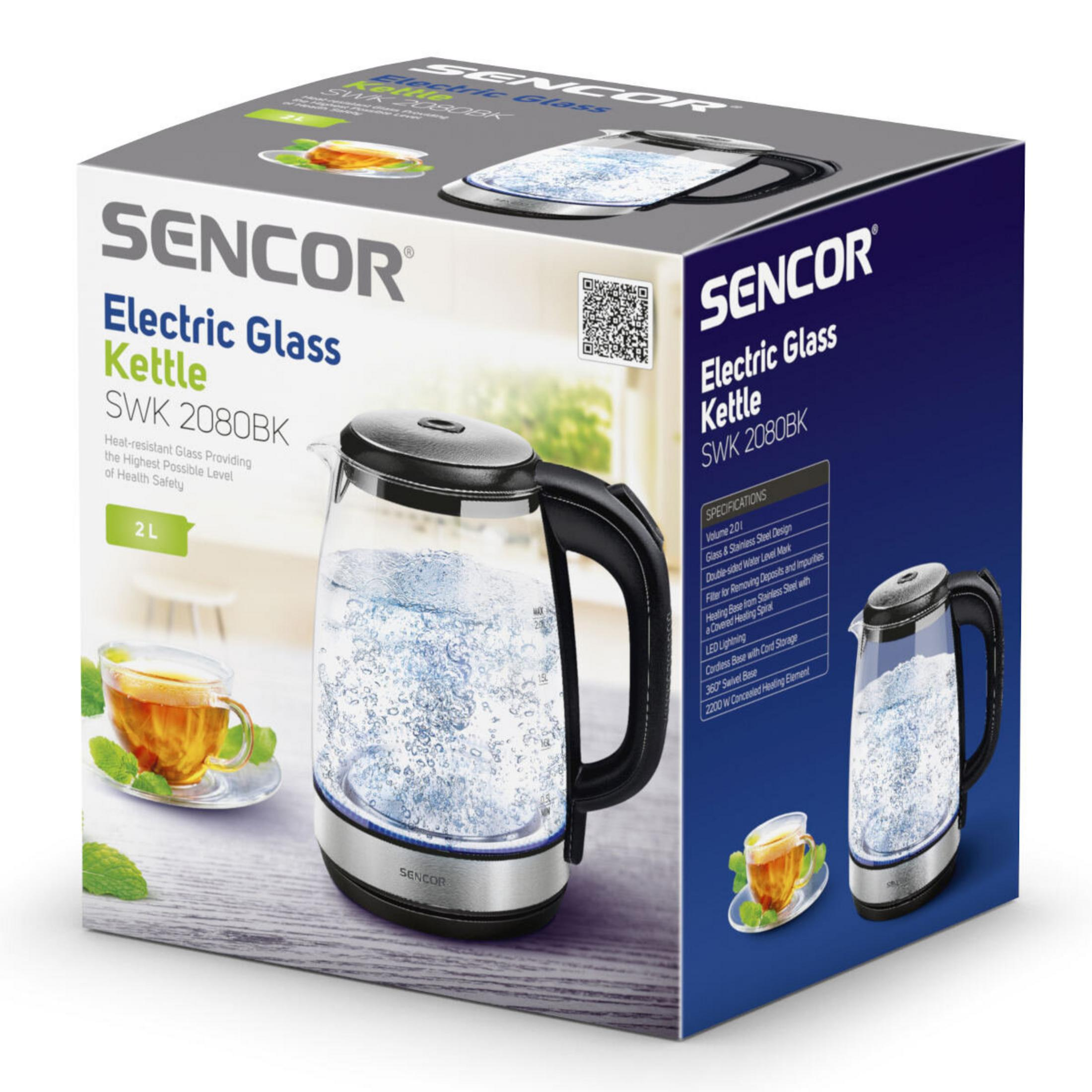 SENCOR Elektrische Glazen Waterkoker SWK 2080BK, 2L, met theekopje.