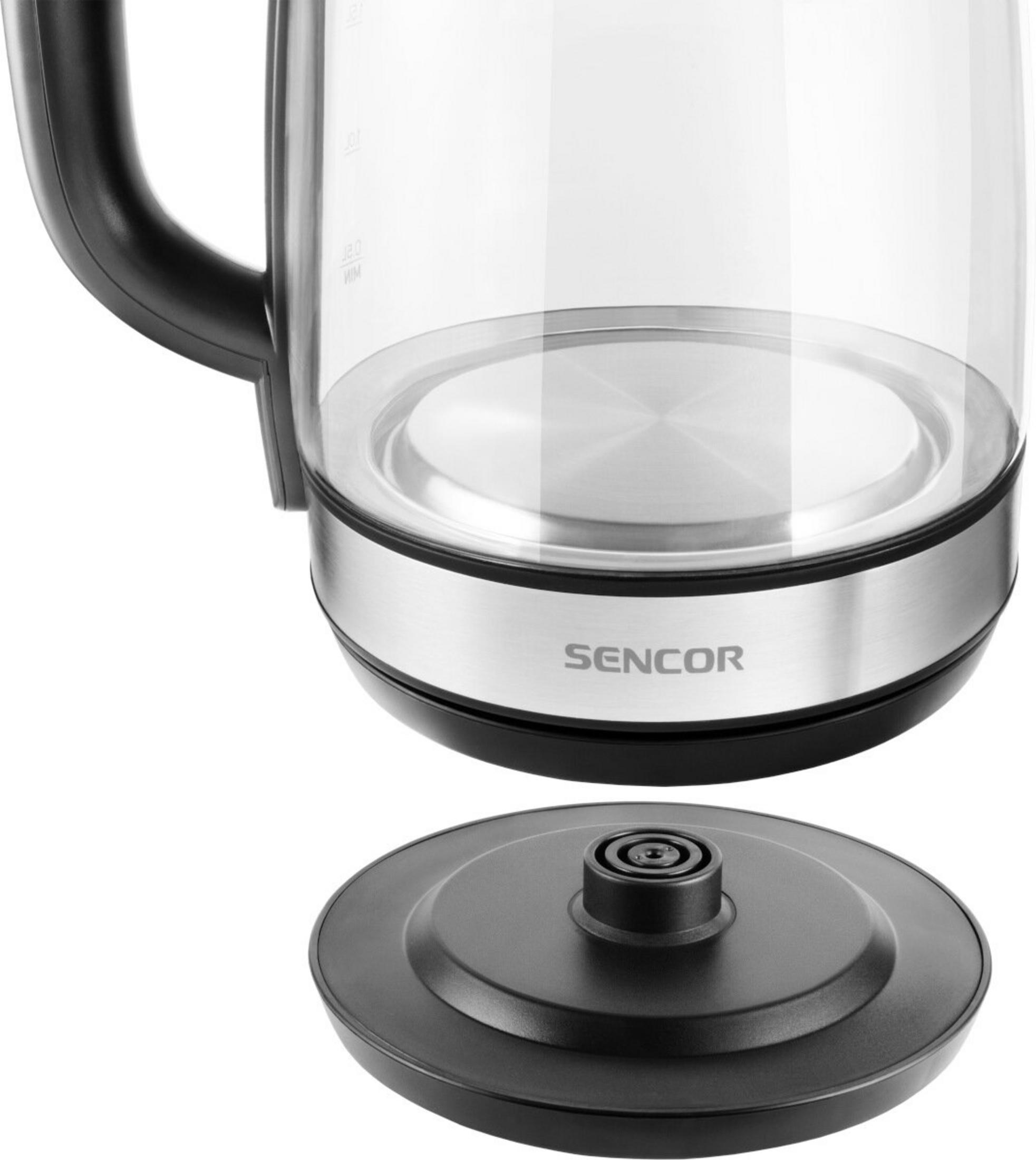 Glazen waterkoker met SENCOR-logo en losgekoppelde zwarte voet.