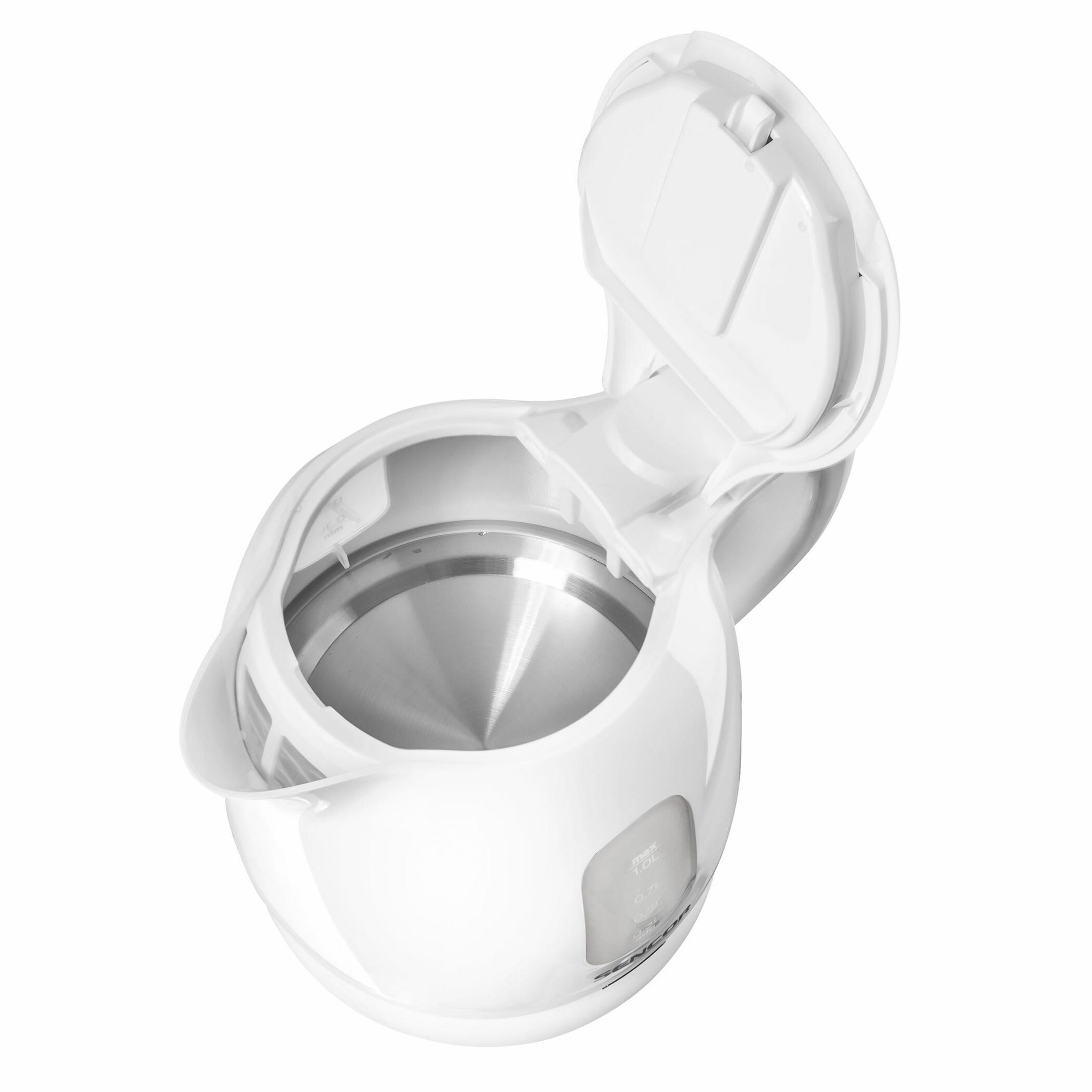 Biały czajnik elektryczny z otwartą pokrywą, ukazujący metalowe wnętrze.