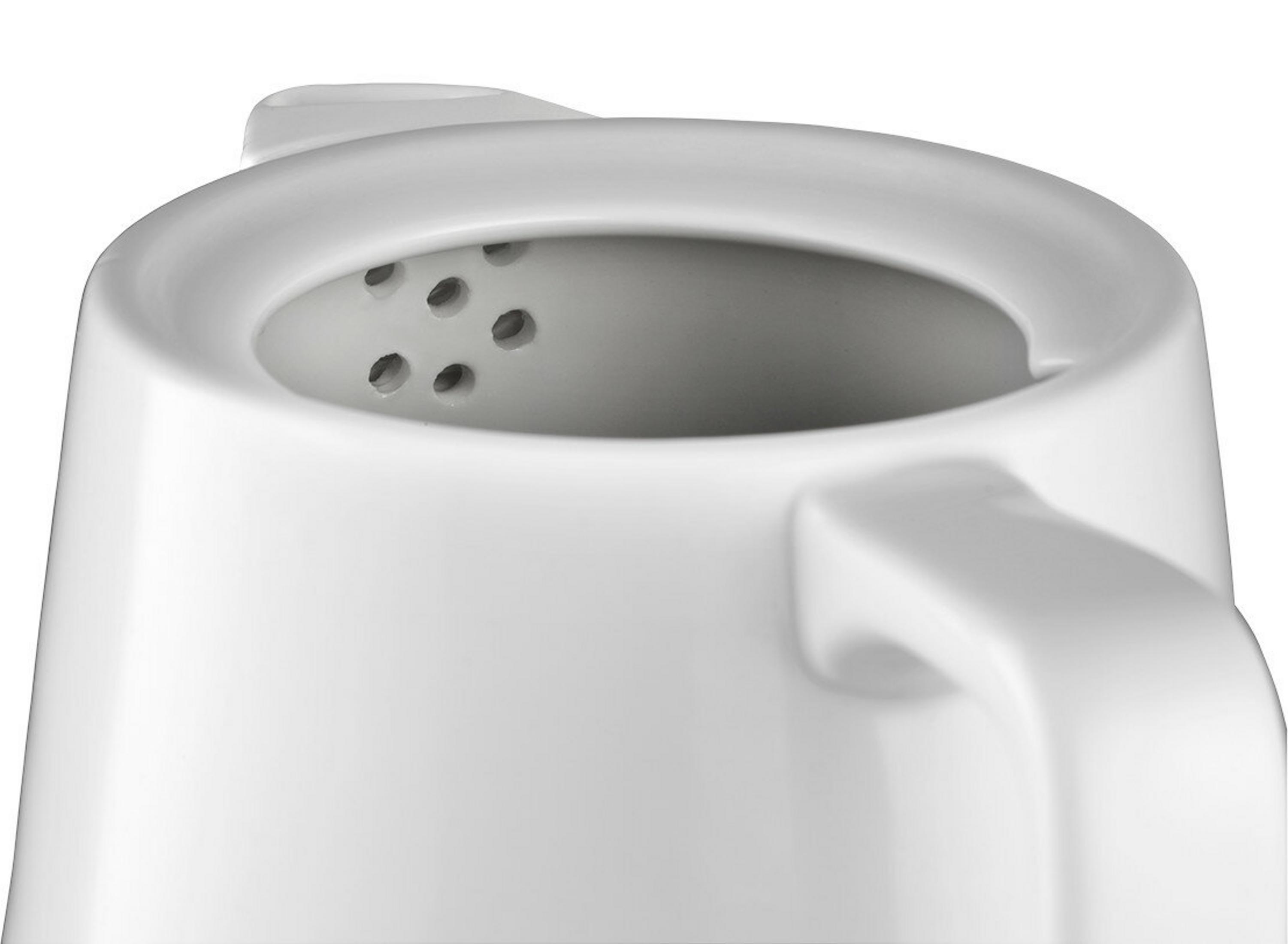 Particolare ravvicinato del beccuccio di una teiera bianca con piccoli fori per filtrare le foglie di tè.