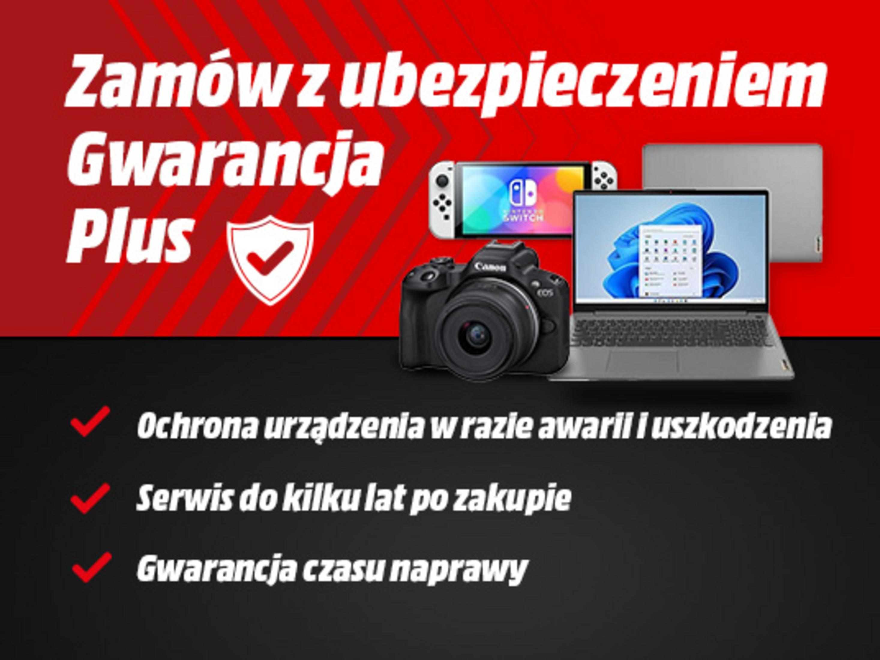 Elektronika na czerwonym tle: Nintendo Switch, aparat Canon, laptop. Informacje o gwarancji poniżej.