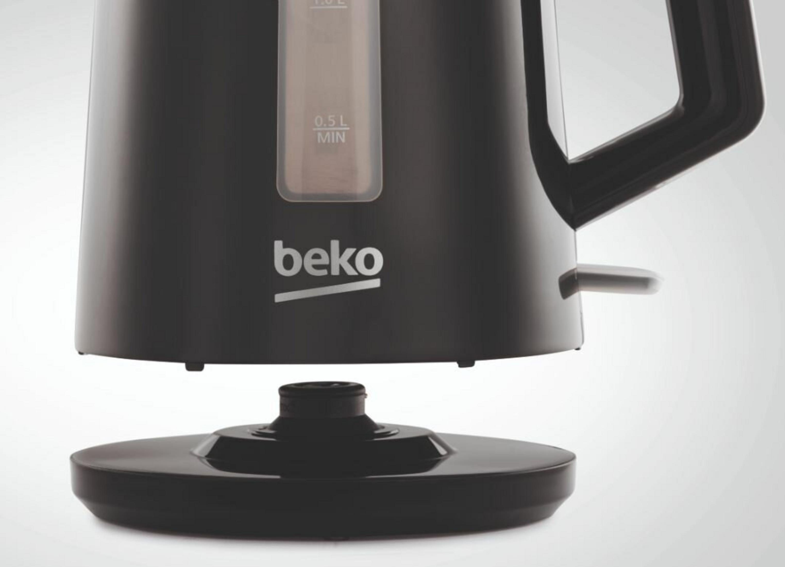 Czajnik elektryczny czarny z logo "beko" i wskaźnikiem poziomu.