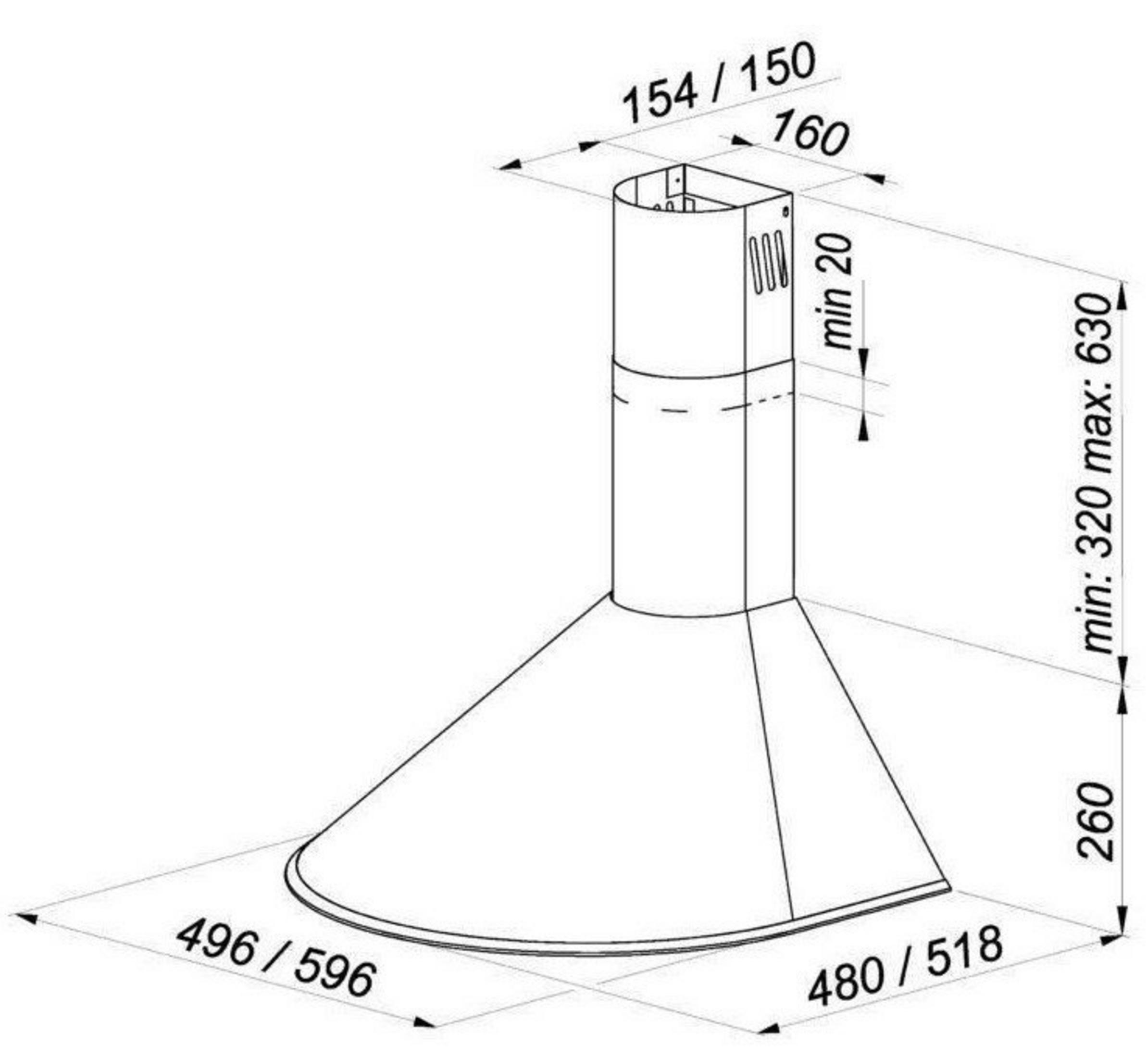 Rysunek techniczny okapu kuchennego z wymiarami.