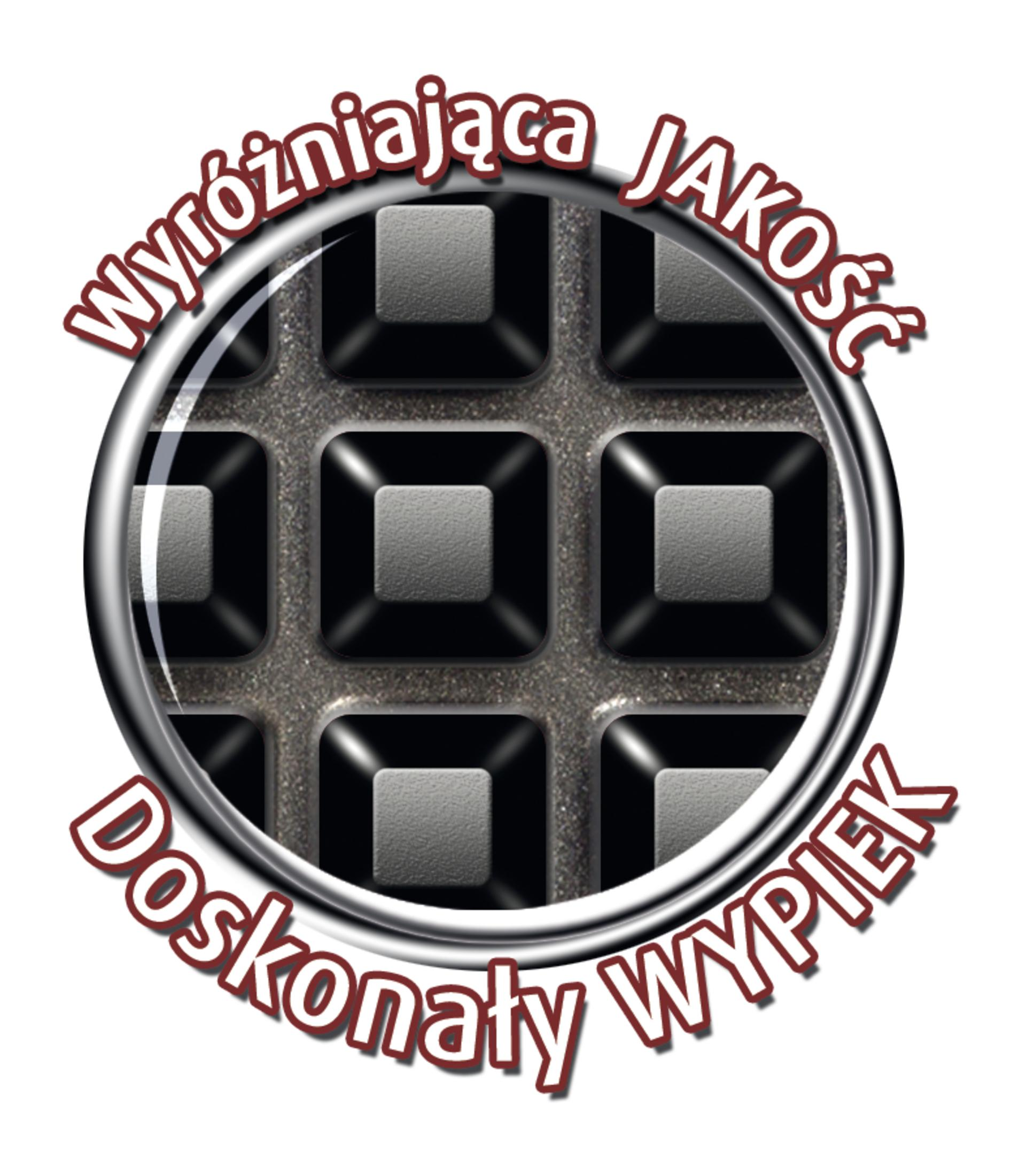 Kreisförmiges Logo mit Gittermuster. Text: 'Hervorragende Qualität Perfektes Backen'.