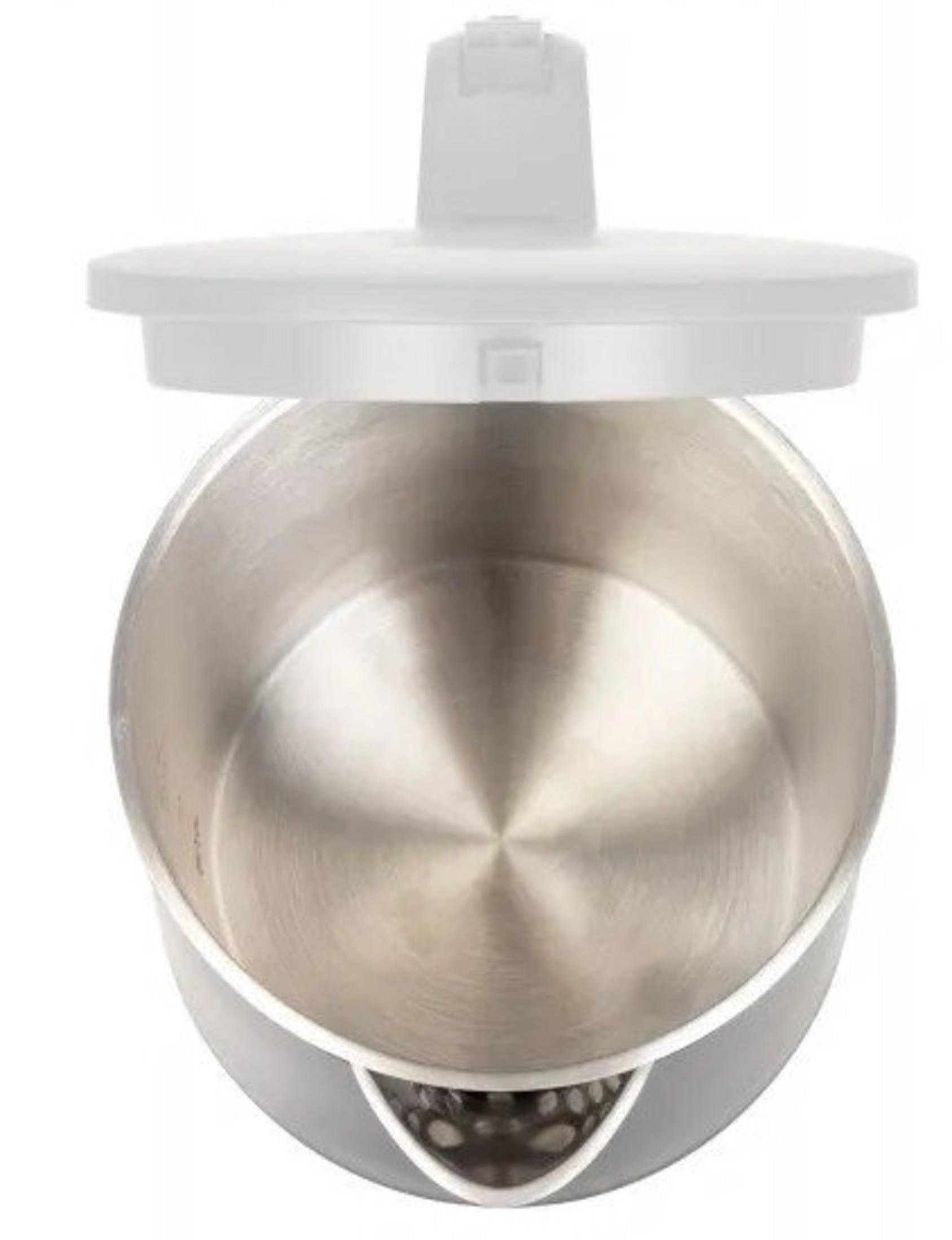 Interno di un bollitore elettrico argentato con coperchio bianco aperto.