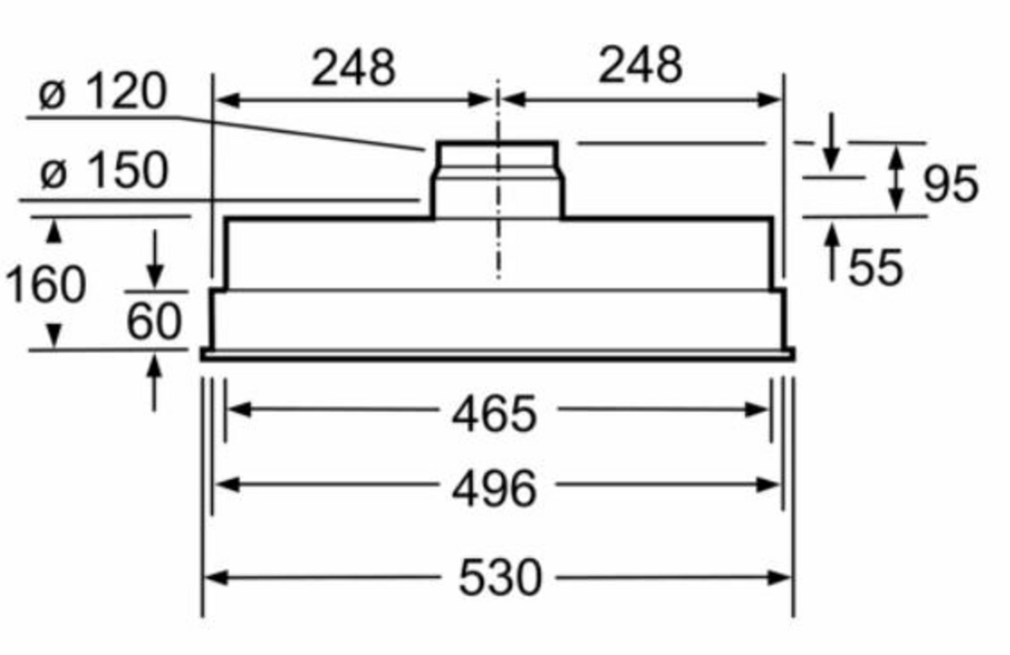Rysunek techniczny okapu z wymiarami. Średnice: 120, 150. Długości: 248, 465, 496, 530. Wysokości: 60, 95, 160, 55.