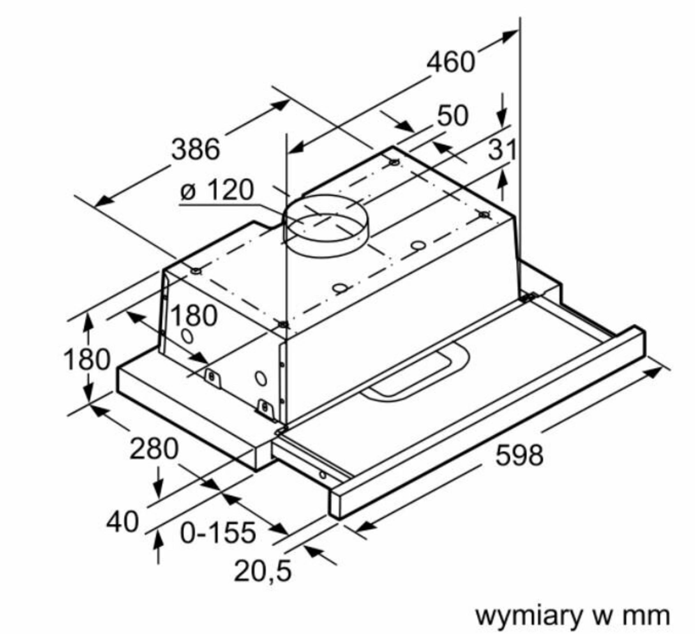 Rysunek techniczny okapu kuchennego z wymiarami w mm.