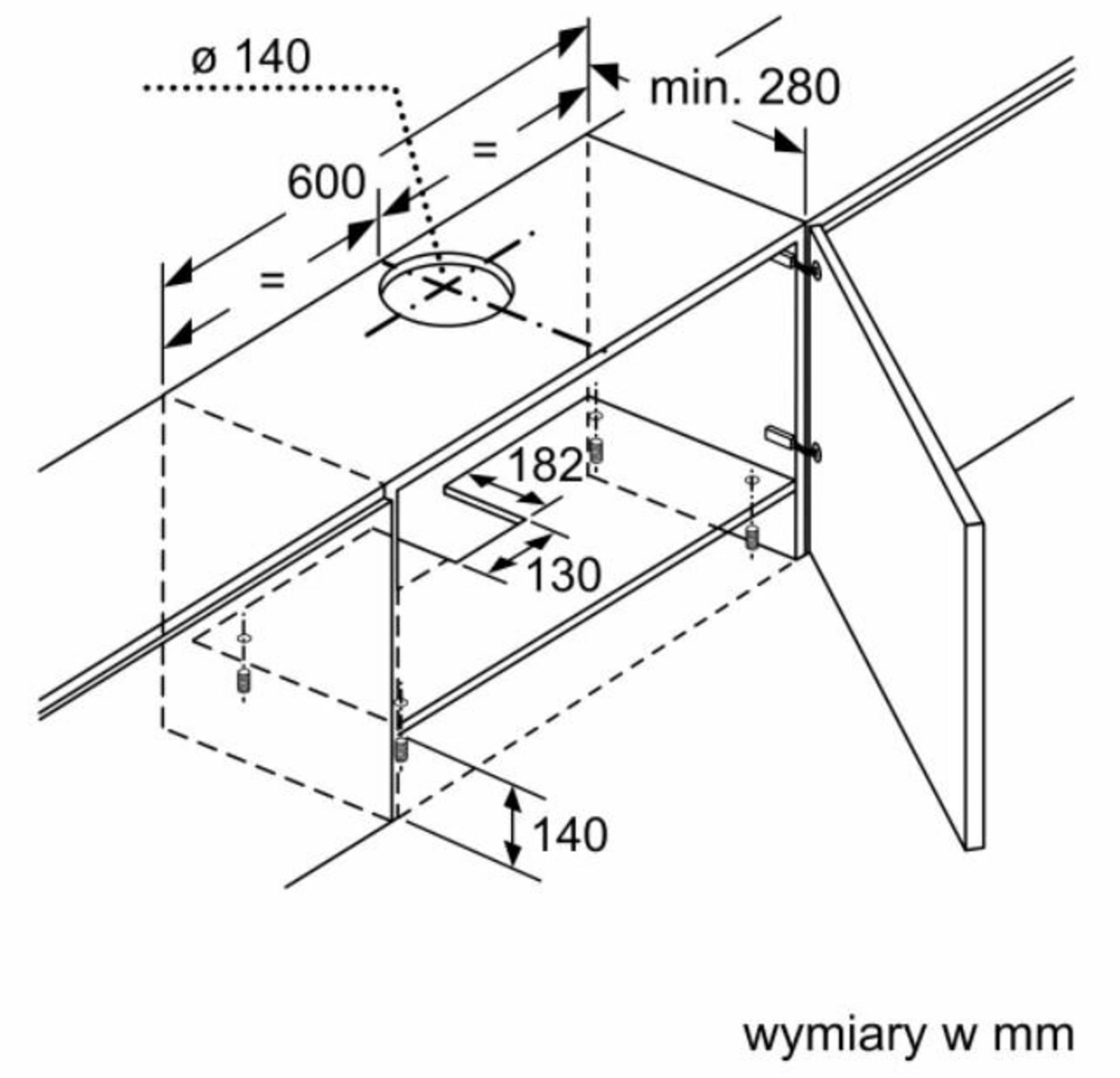 Rysunek techniczny z wymiarami w mm do montażu.