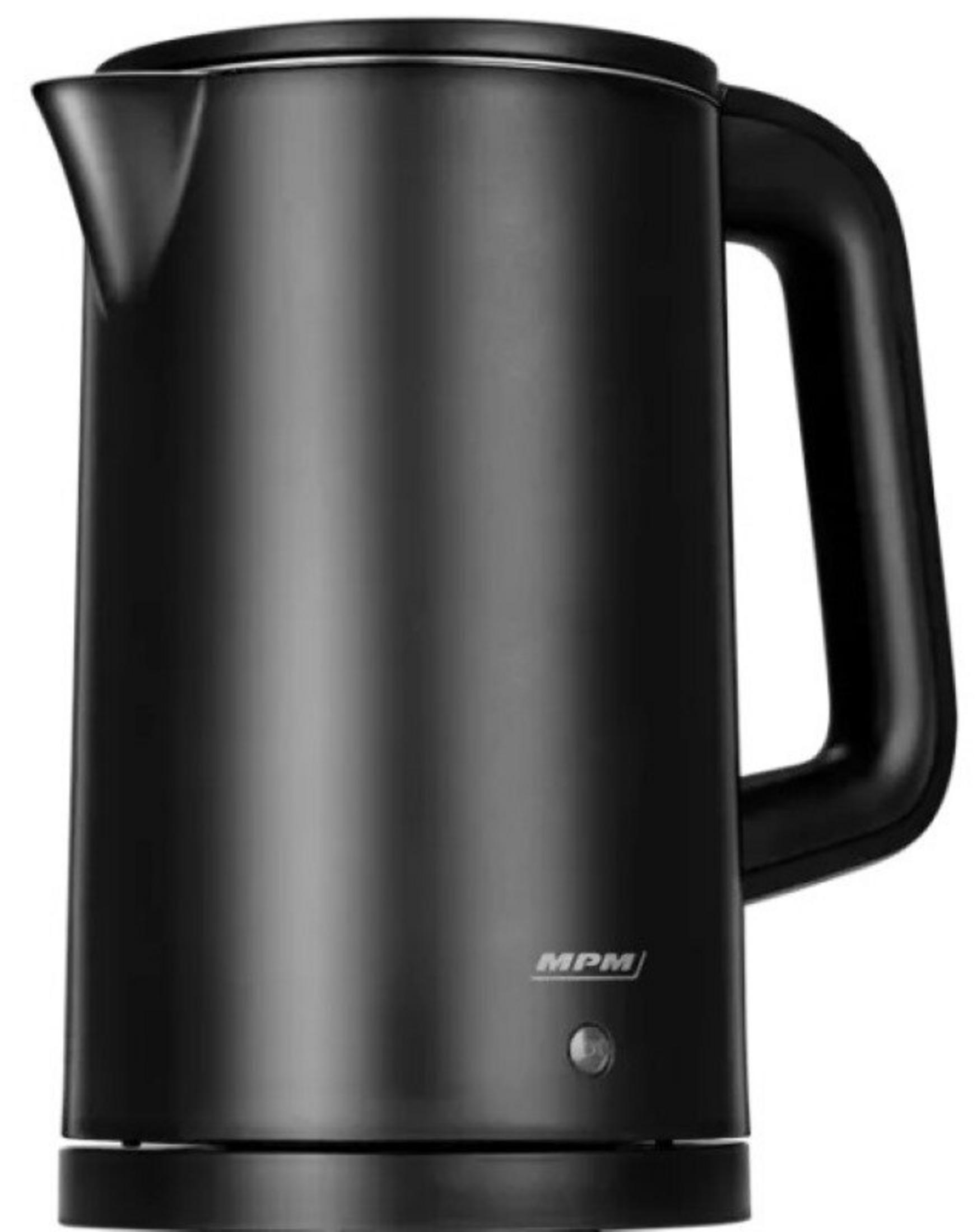 Un bollitore elettrico MPM nero dal design moderno con pulsante di accensione argentato.