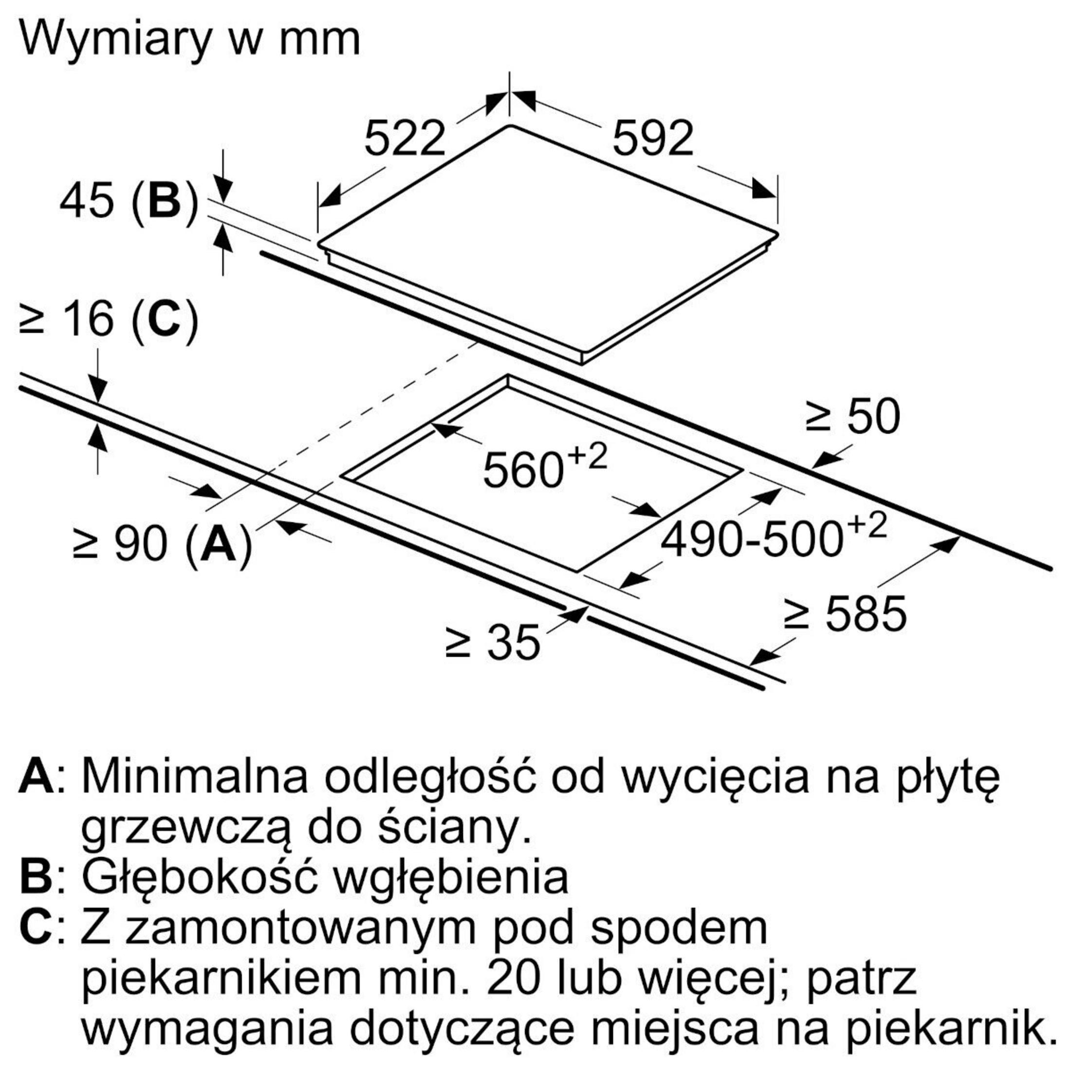 Rysunek techniczny płyty grzewczej z wymiarami w mm.