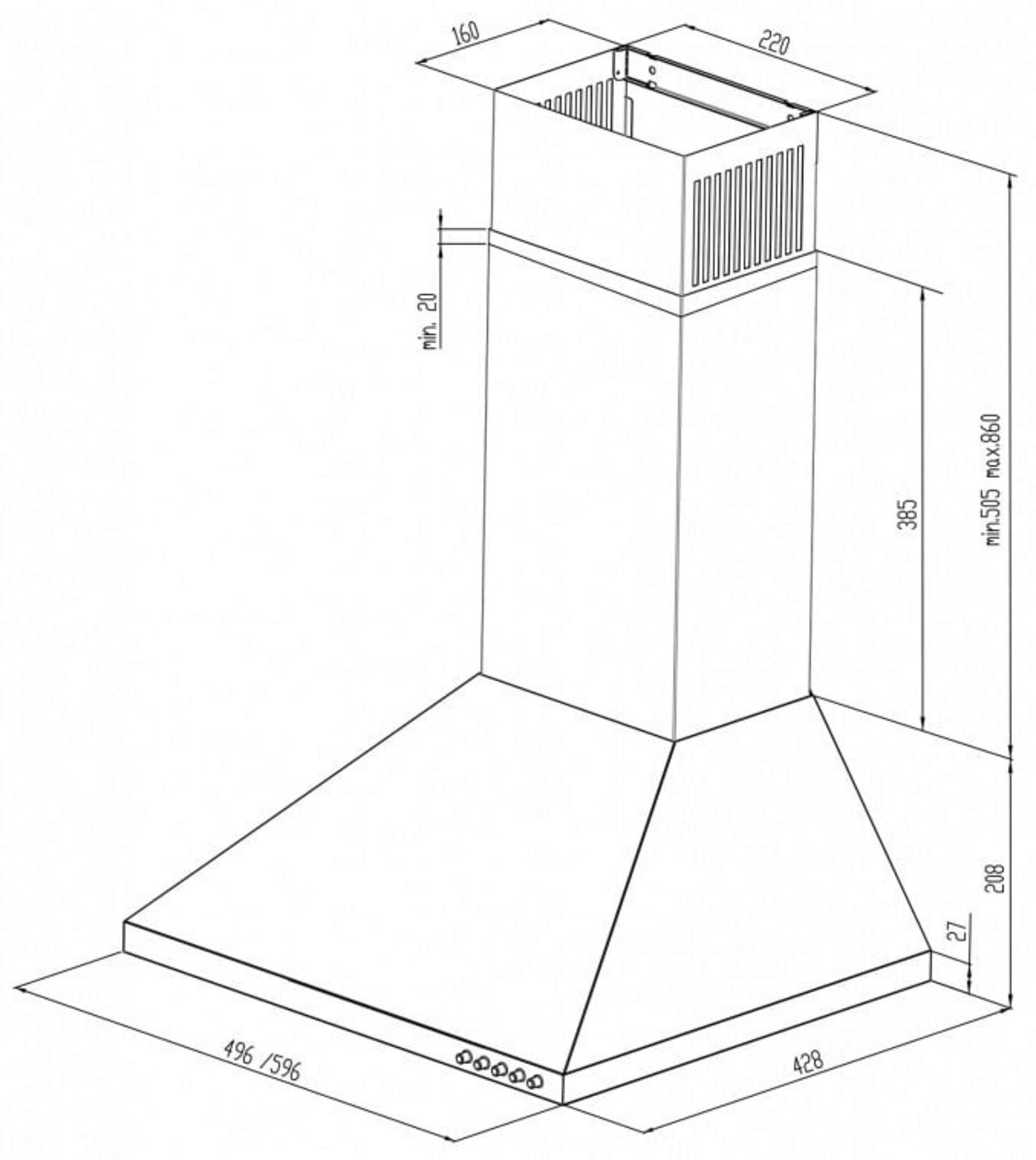 Rysunek techniczny okapu kuchennego z wymiarami. Pokazuje okap w stylu kominowym.