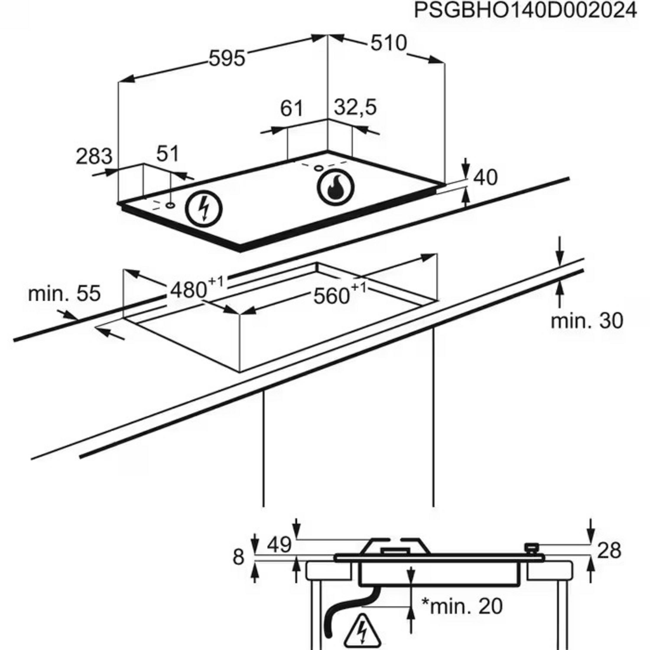 Diagram pokazujący wymiary instalacji płyty indukcyjnej. Zawiera pomiary szerokości, głębokości i wysokości.