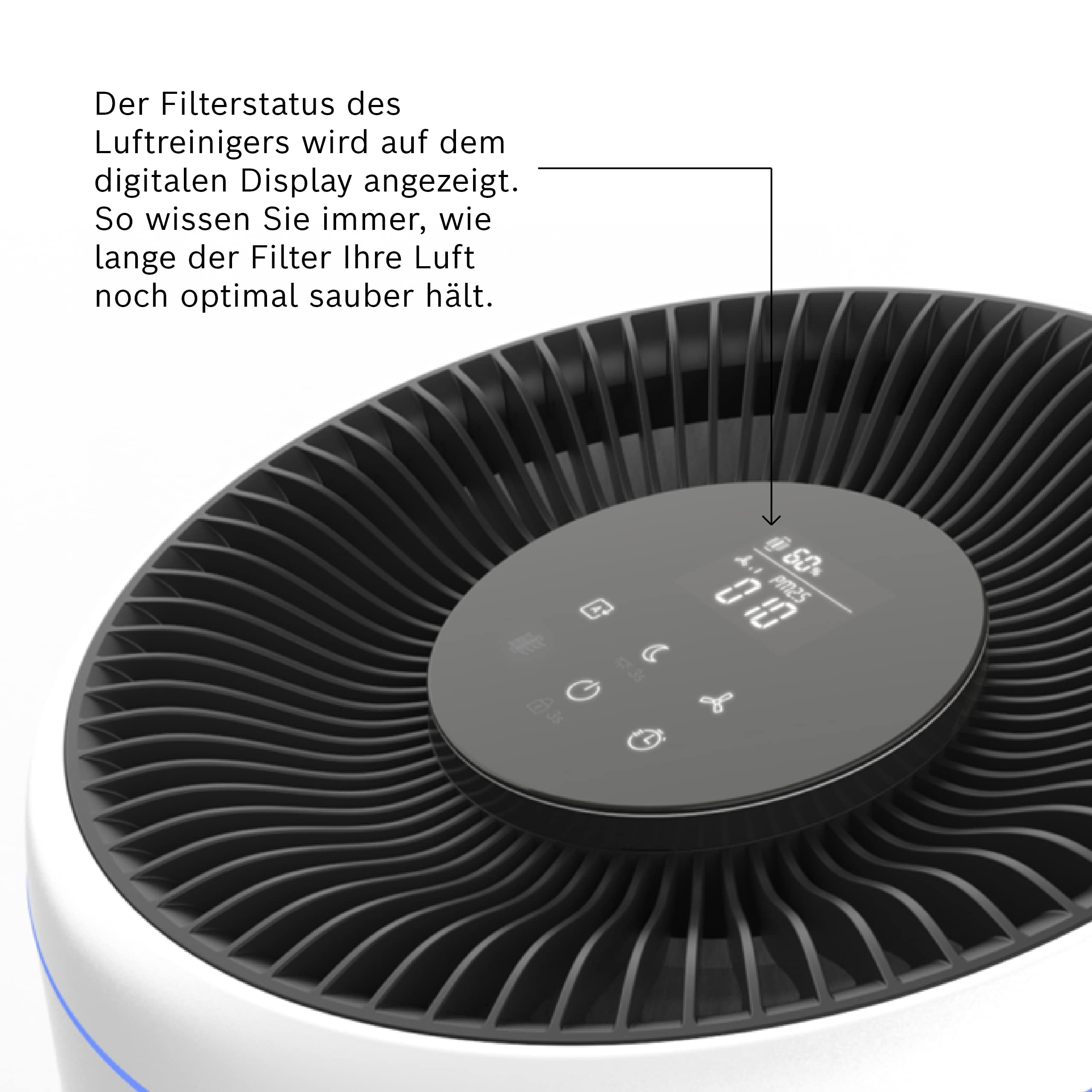 Filterstatus des Luftreinigers digital angezeigt. PM2.5 Wert 10, 60% Luftfeuchte.