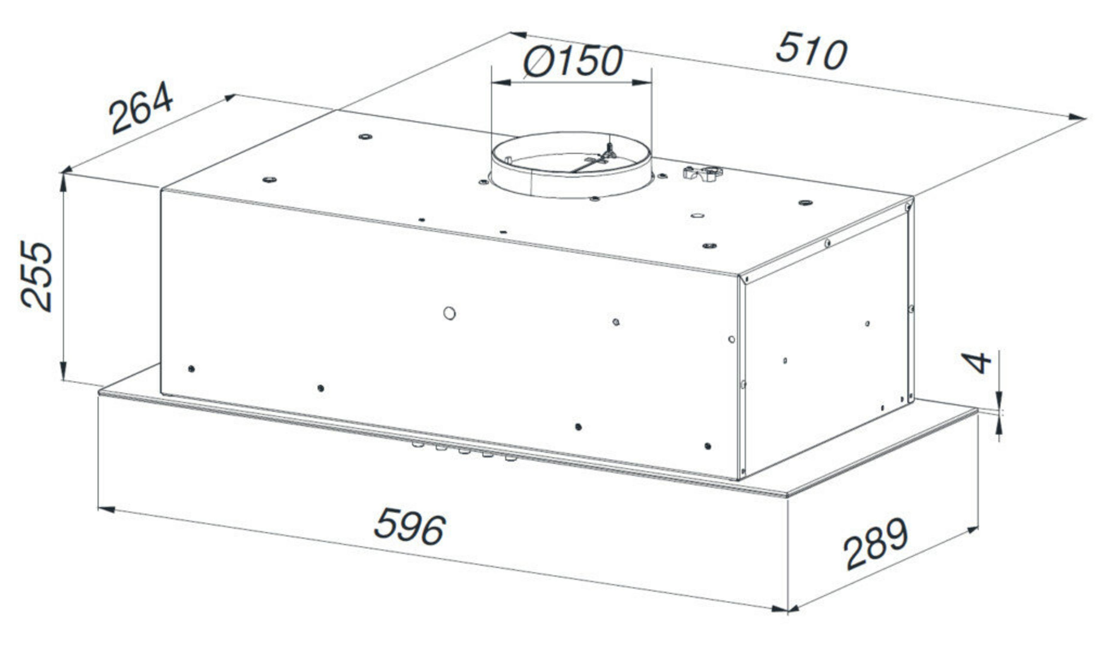 Rysunek techniczny okapu kuchennego z wymiarami.