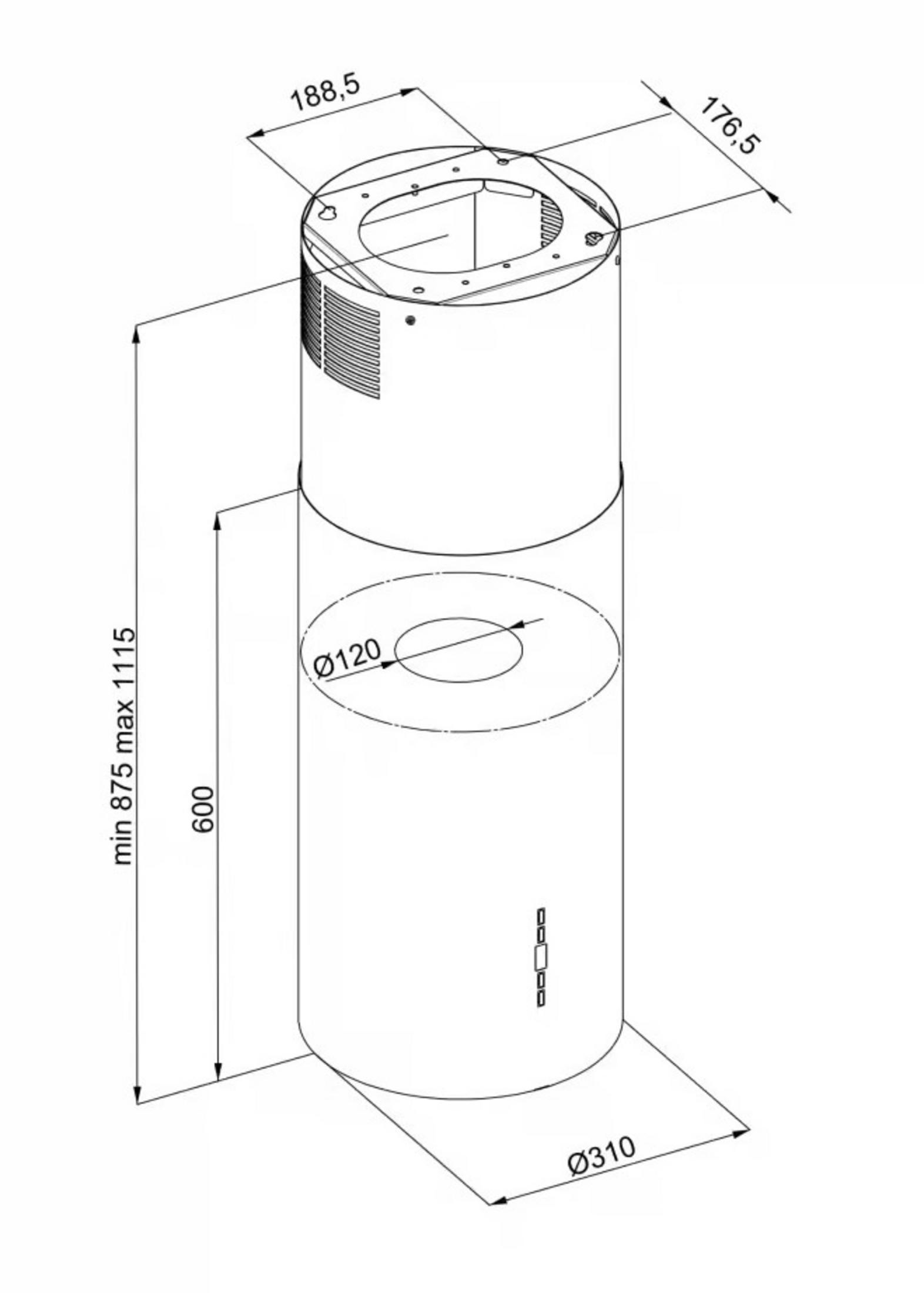 Rysunek techniczny cylindrycznego okapu kuchennego z wymiarami i detalami.