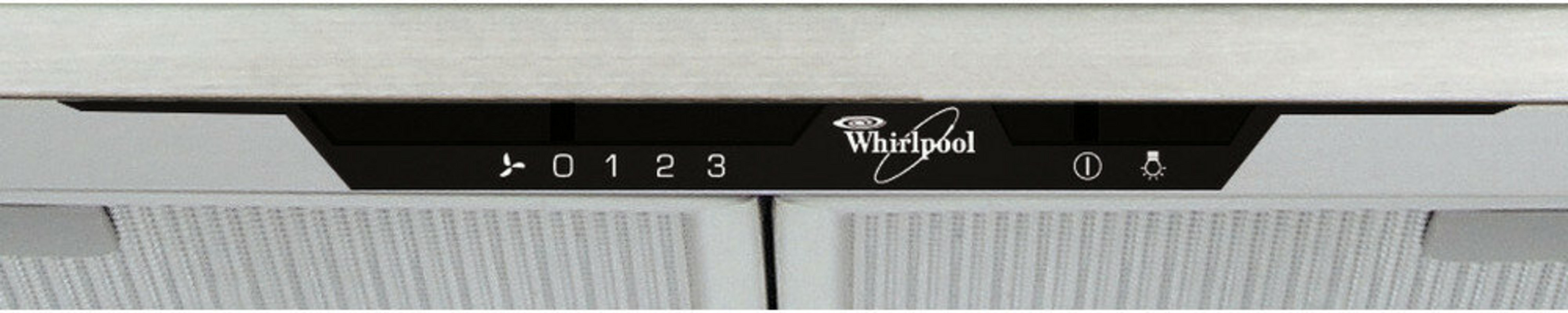 Panel de control de campana extractora con logo Whirlpool, velocidades y botón de luz.