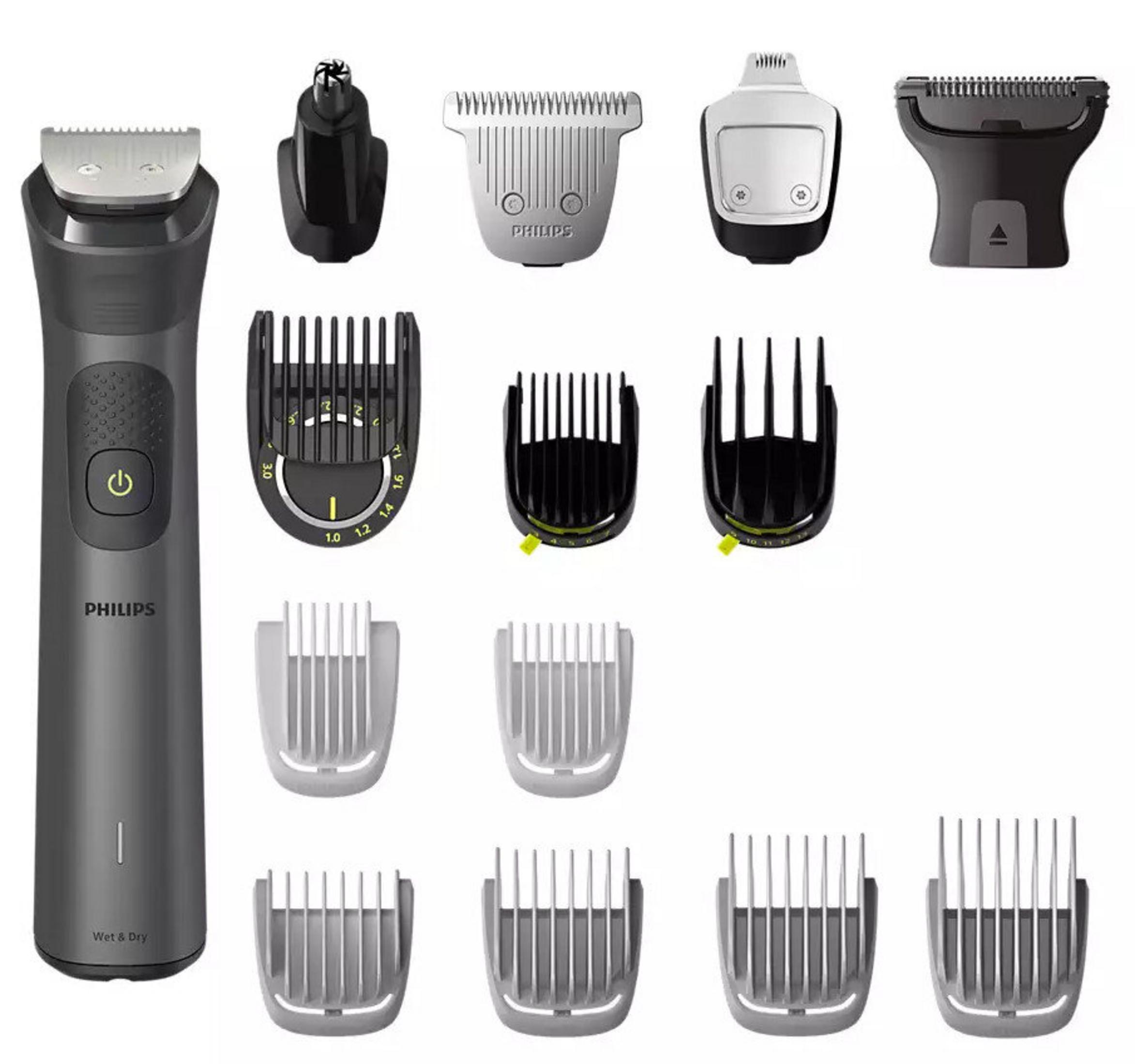 Una recortadora Philips con varios accesorios y peines.
