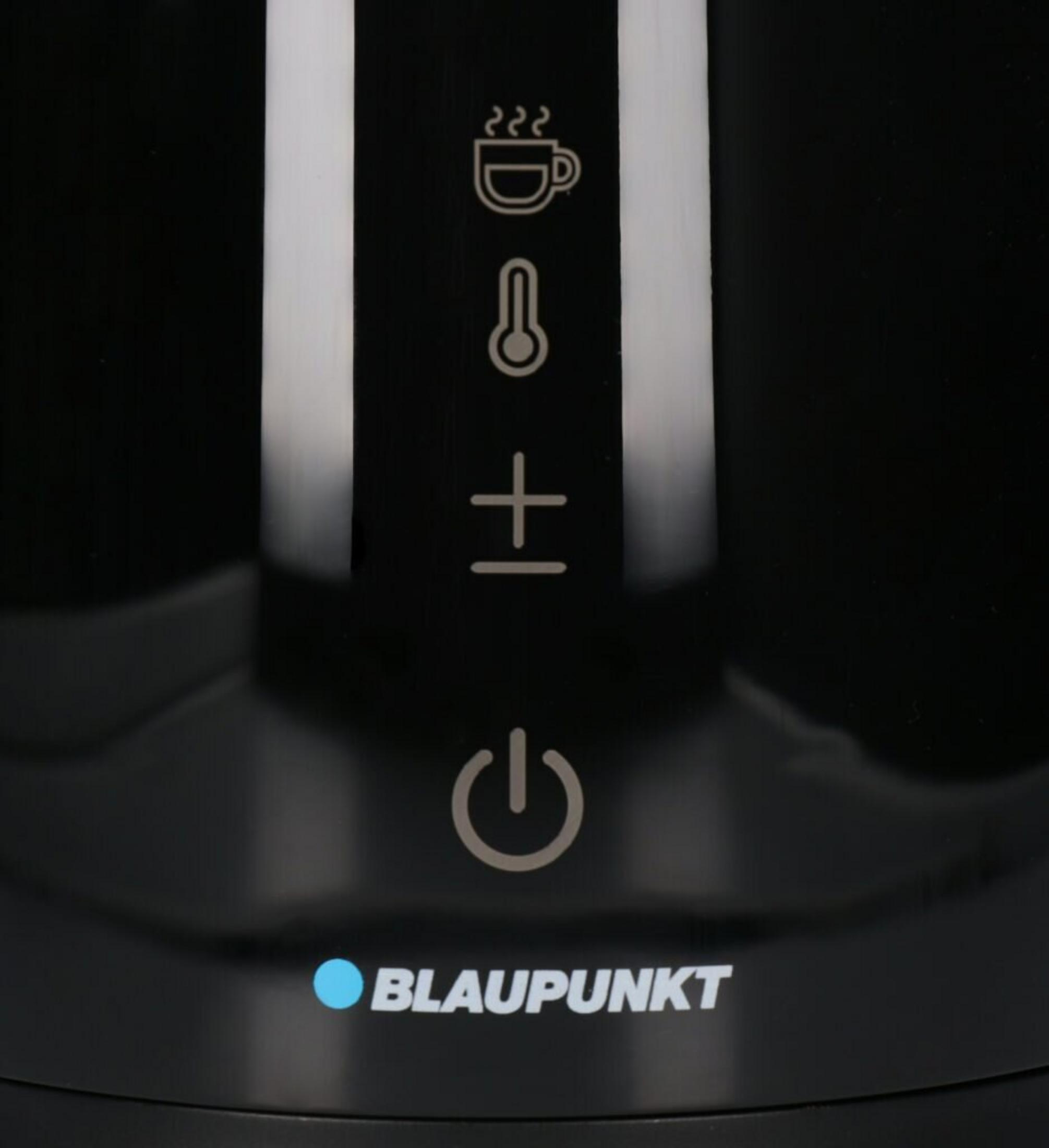 Czajnik Blaupunkt czarny z ikonami napoju, termometru, +/- i zasilania.