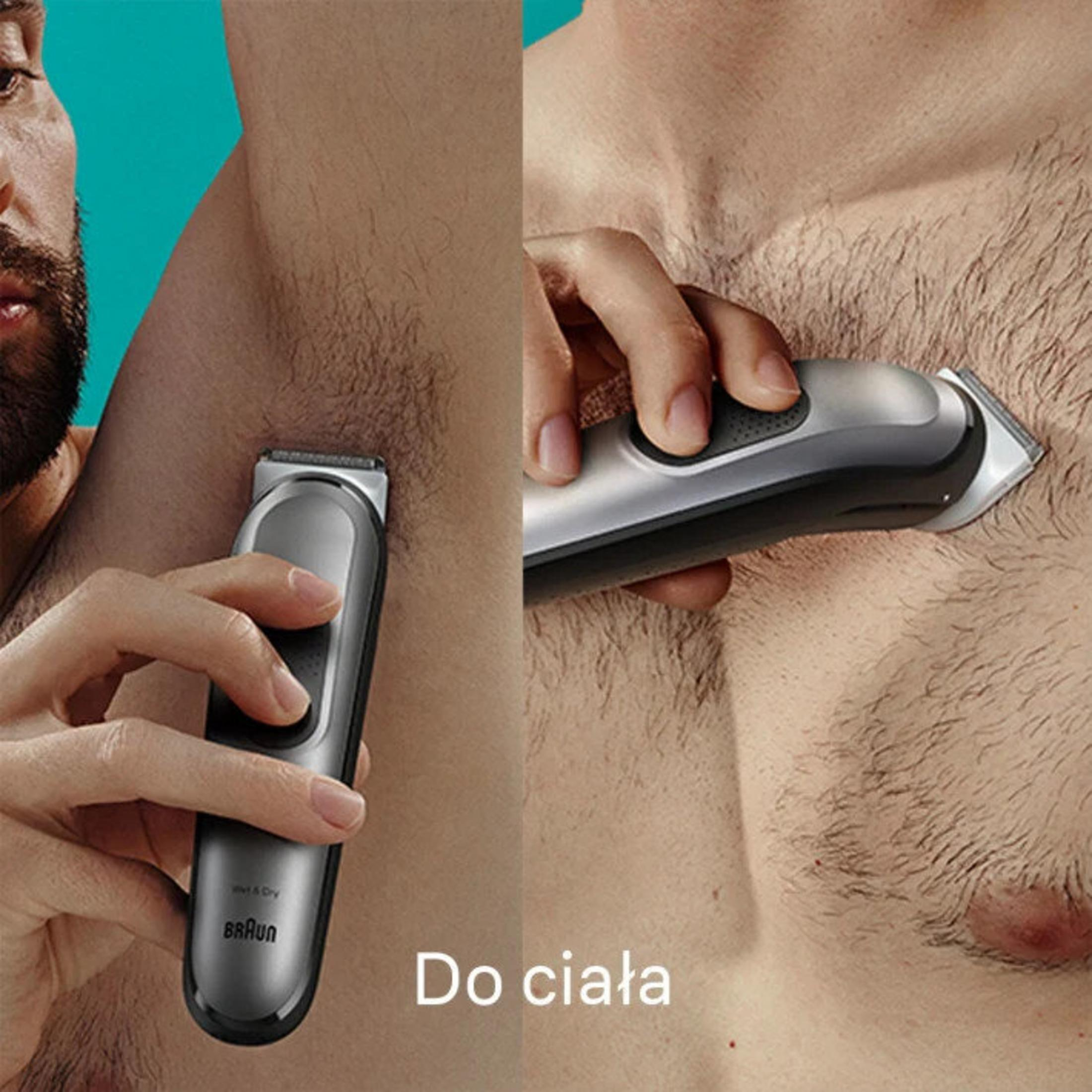 Bir adam, Braun düzeltici ile koltuk altı ve göğüs kıllarını tıraş ediyor.