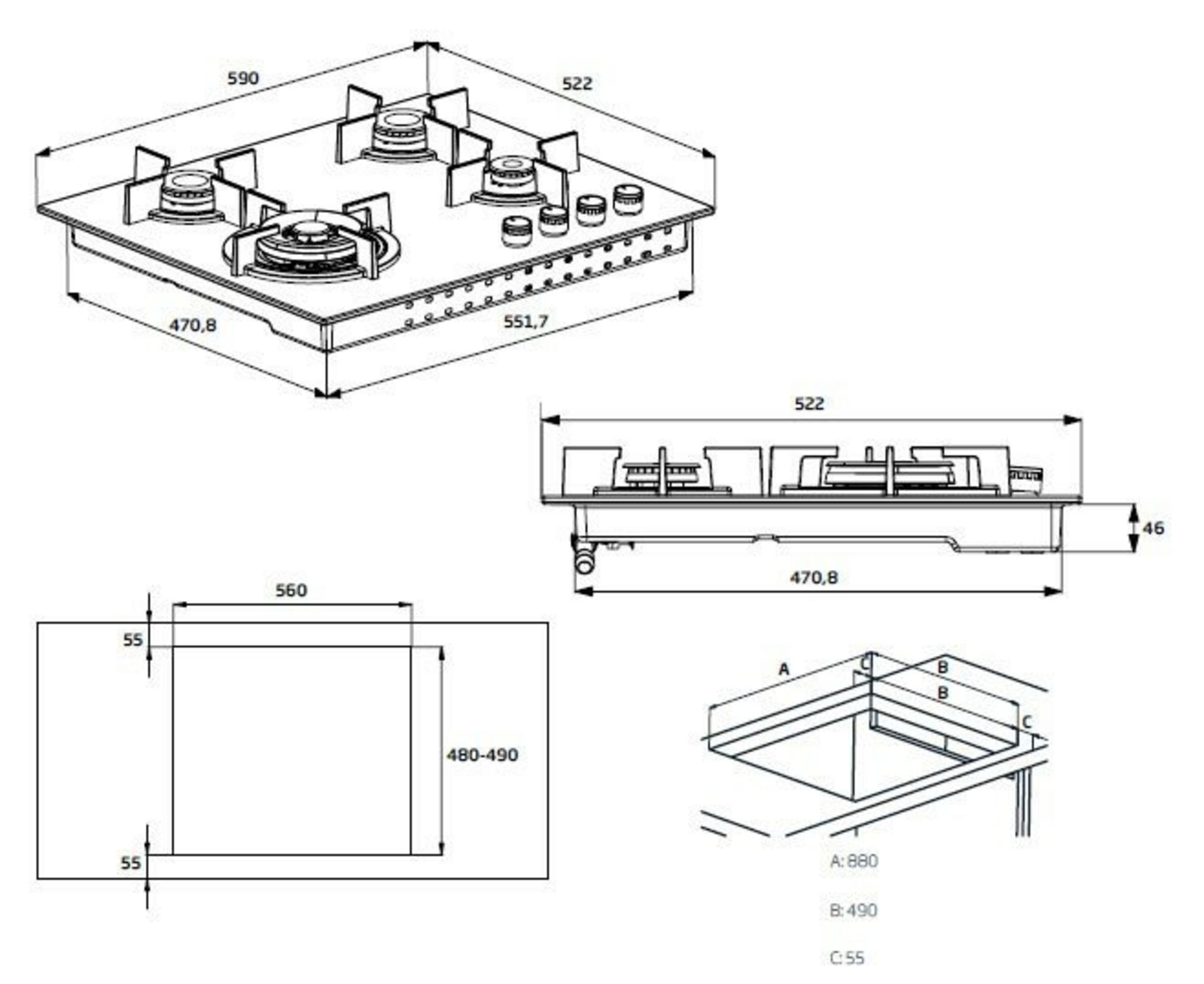 Diagramy przedstawiają płytę gazową z wymiarami. Zawiera widok z góry, z boku, wycięcie i szczegóły instalacji.