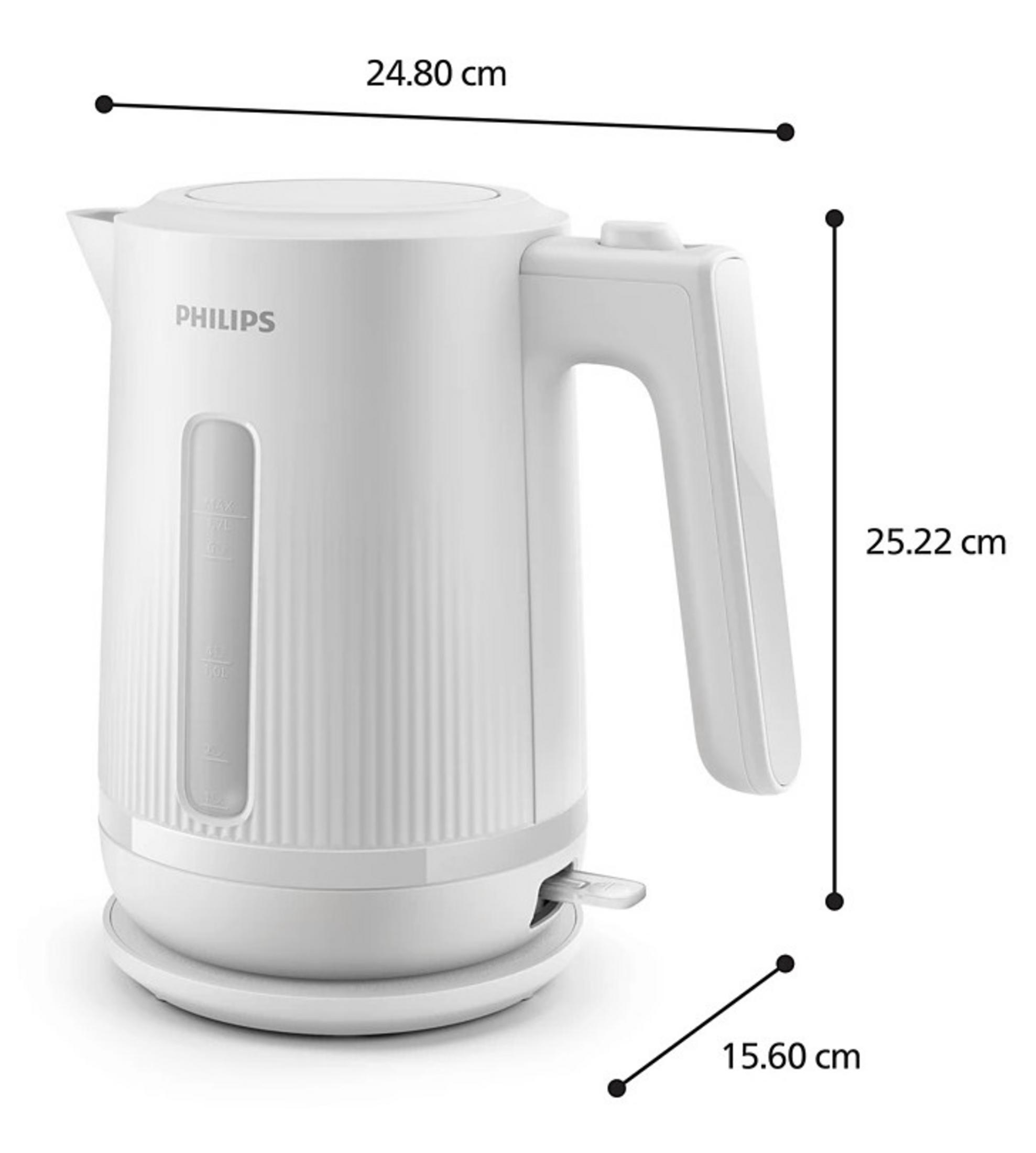 White Philips electric kettle with water level indicator and dimensions shown.