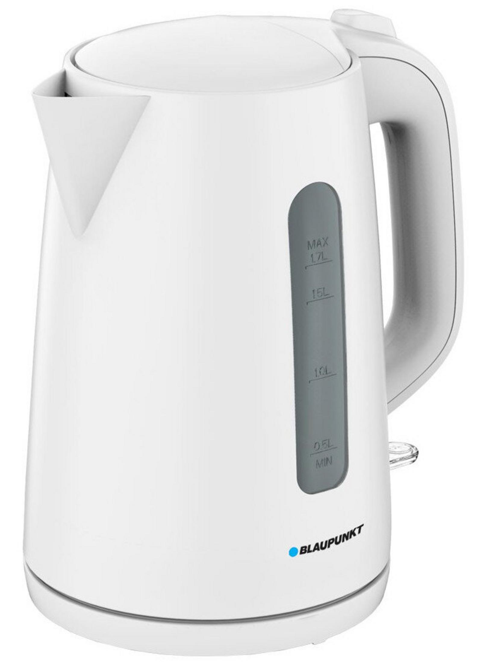 Biały czajnik elektryczny z szarym wskaźnikiem poziomu wody i uchwytem.