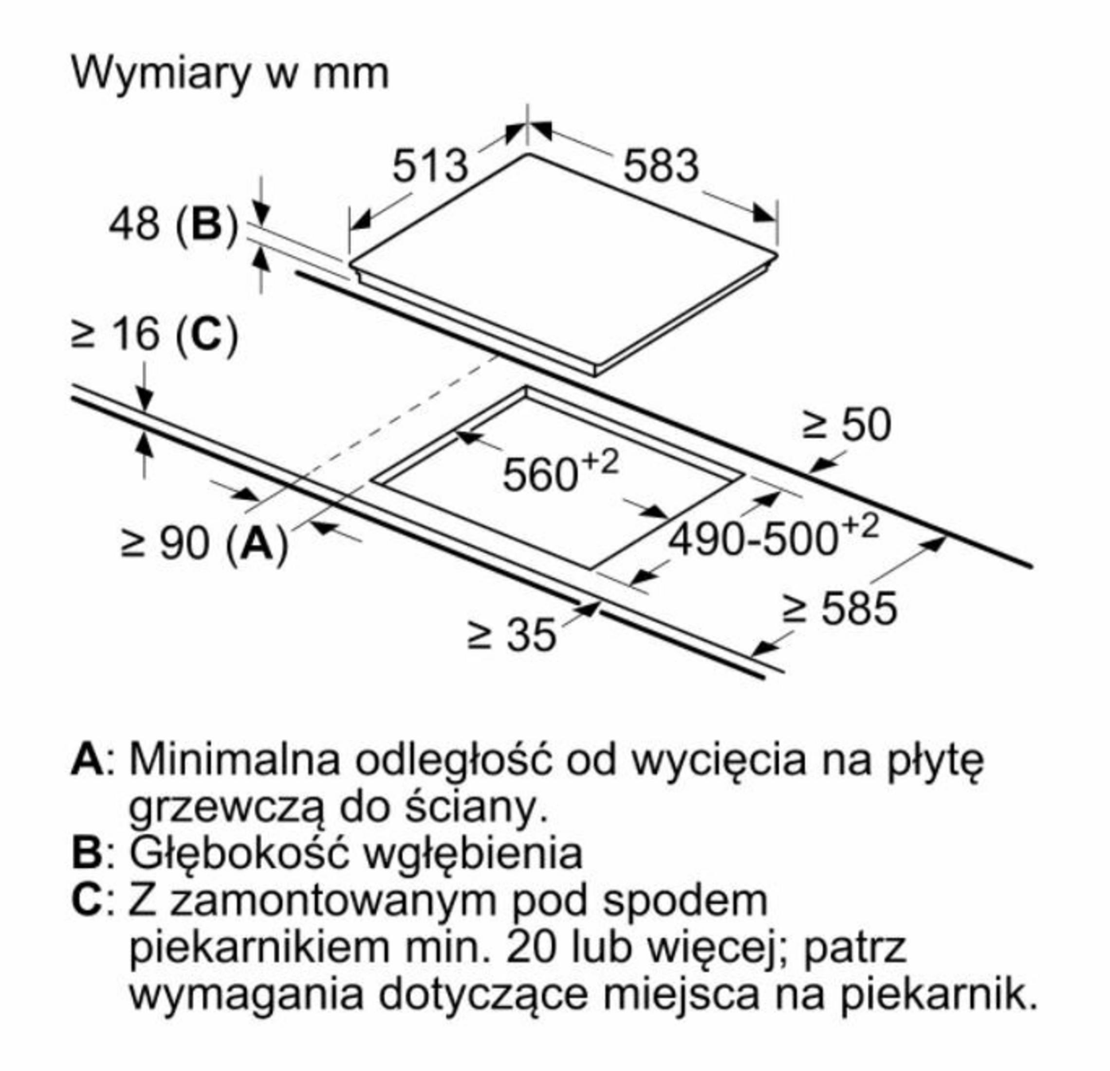 Diagram przedstawia wymiary w mm do montażu płyty: wycięcie 513x583mm, głębokość 48mm, min. wysokość 16mm.